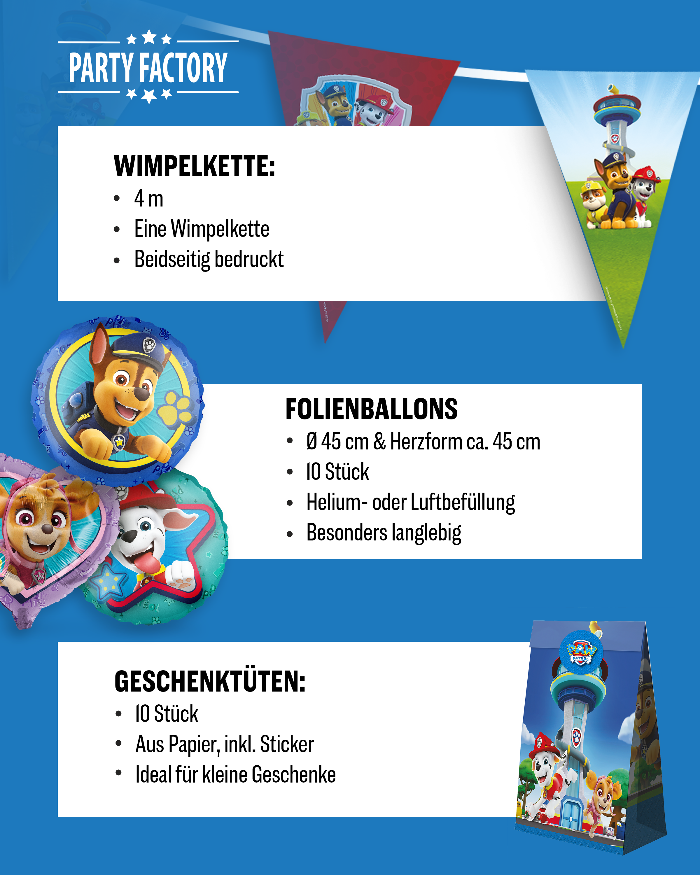 Paw Patrol Party Set 57tlg Wimpelkette Ballons Geschenktüten Partygeschirr 5