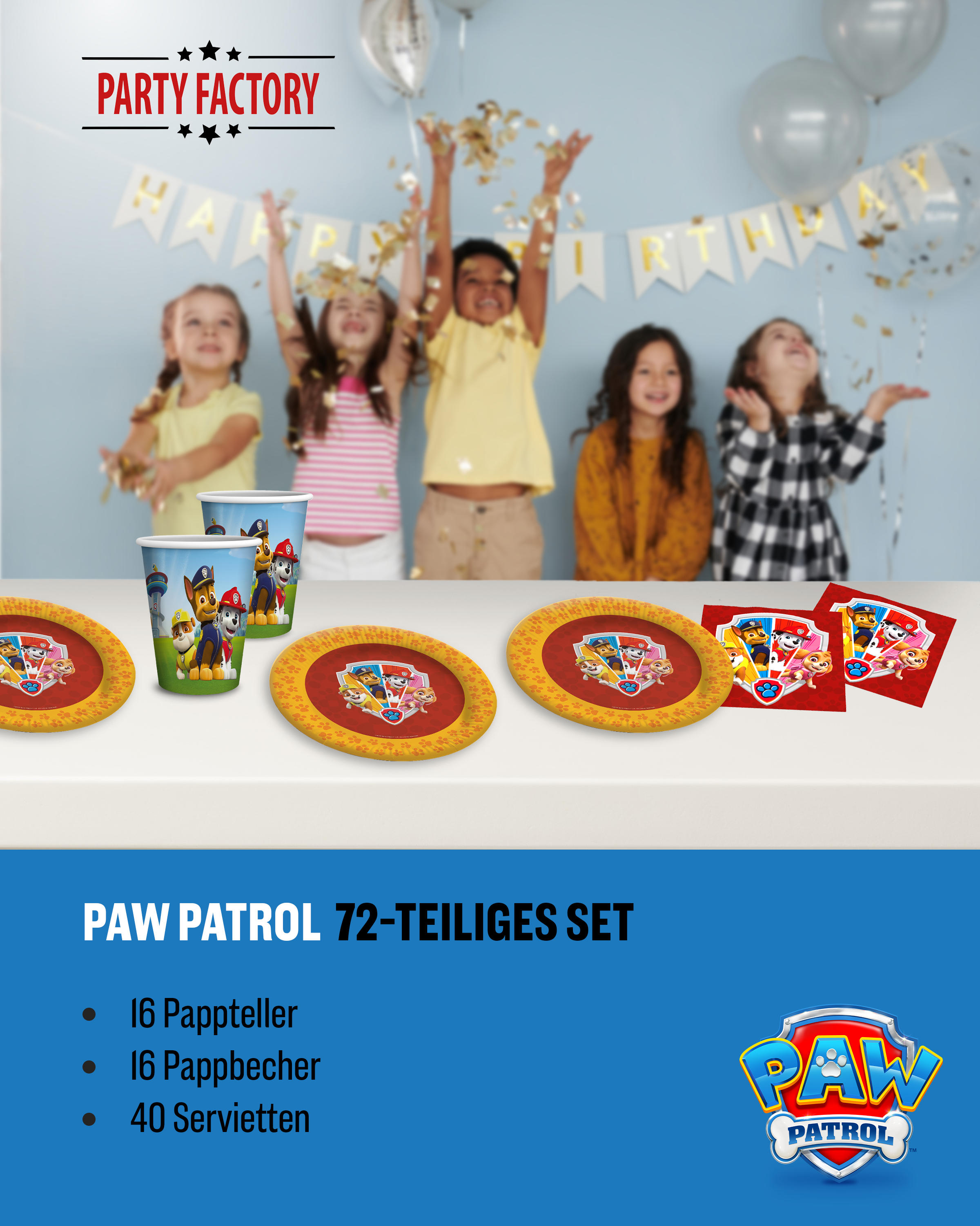 Paw Patrol Party Set 72tlg mit 16 Tellern 16 Bechern und 40 Servietten 2