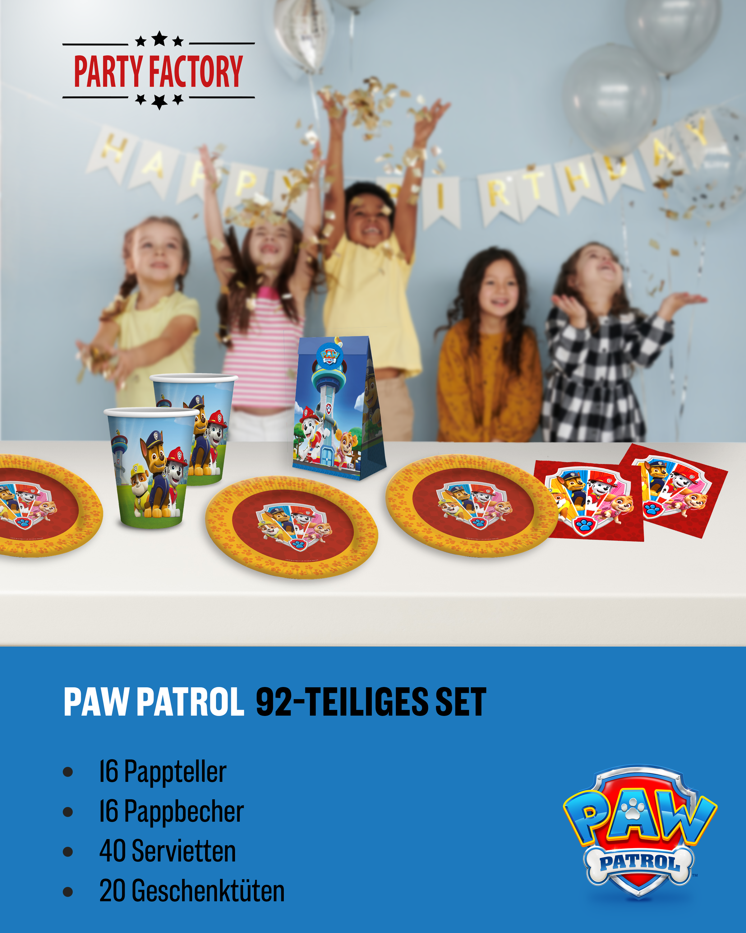 Paw Patrol Party Set 92tlg mit Geschenktüten und Partygeschirr Geburtstag 2