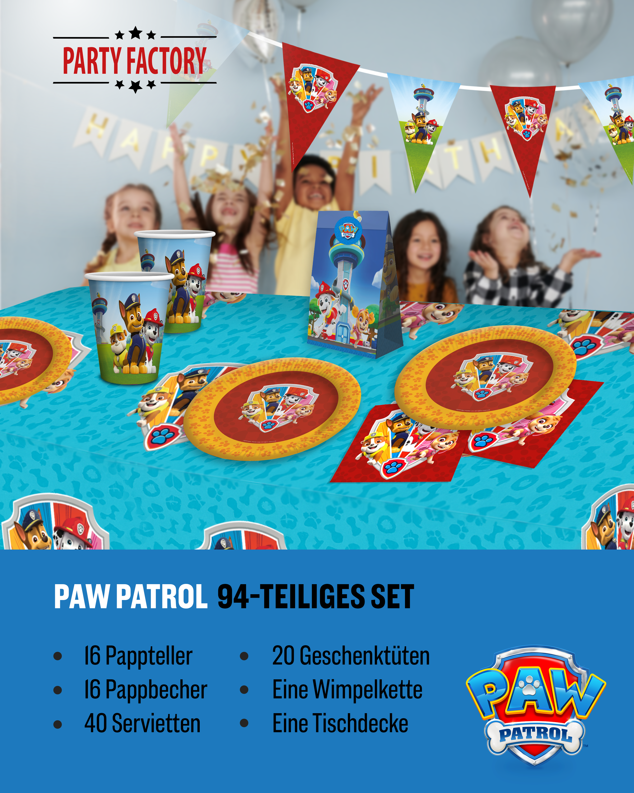 Paw Patrol Party Set 94tlg Tischdecke Wimpelkette Geschenktüten Partygeschirr 4