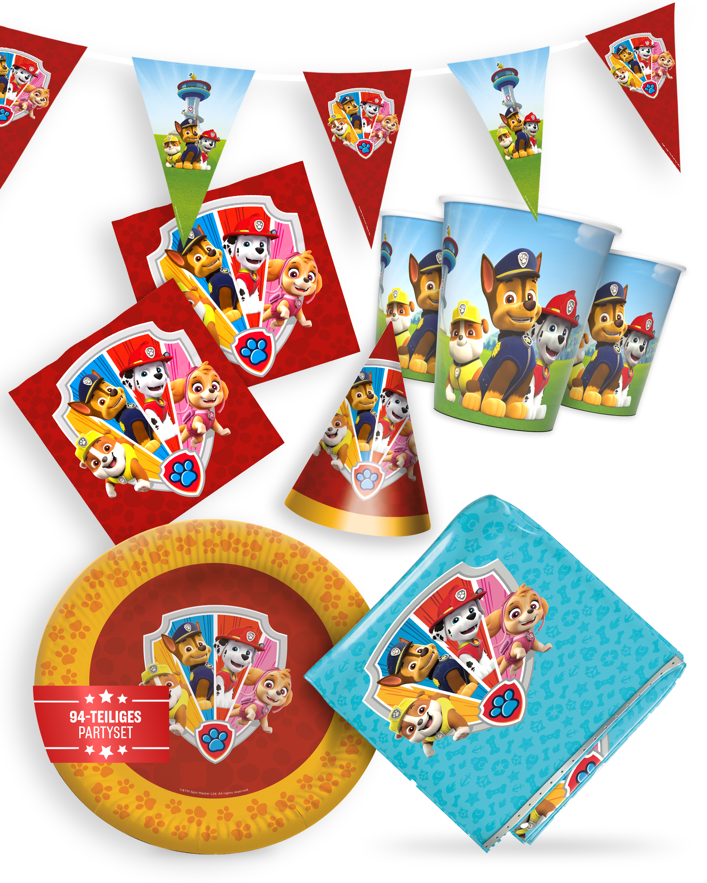Paw Patrol Party Set 94tlg Tischdecke Wimpelkette Partyhüte XXL Geschirr 1
