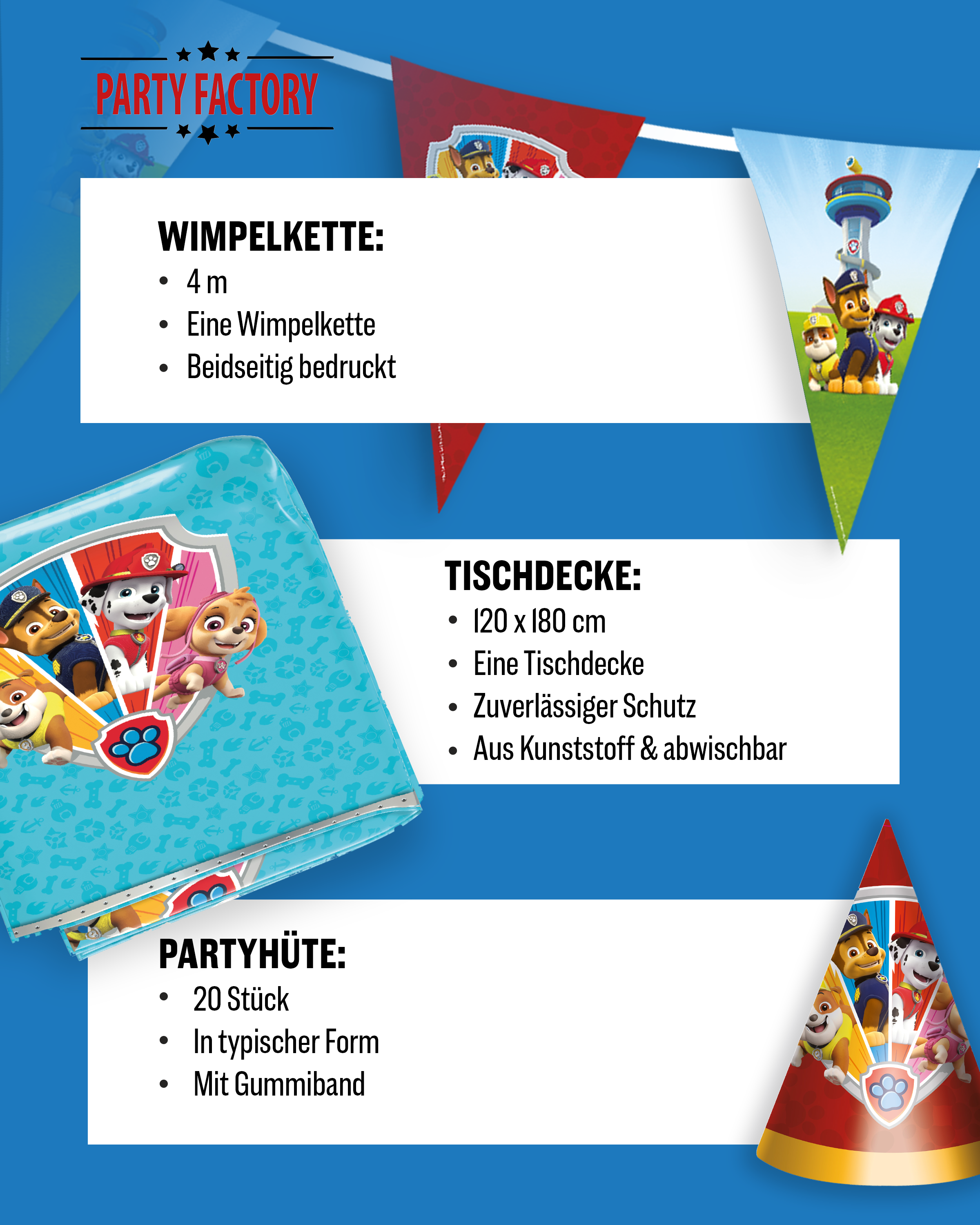 Paw Patrol Party Set 94tlg Tischdecke Wimpelkette Partyhüte XXL Geschirr 2
