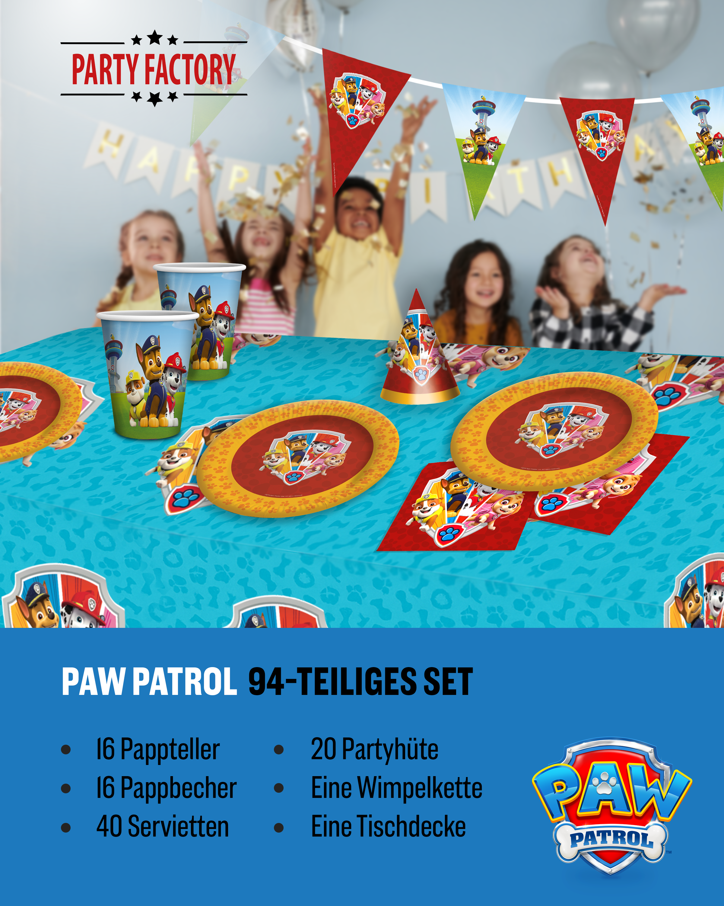 Paw Patrol Party Set 94tlg Tischdecke Wimpelkette Partyhüte XXL Geschirr 4