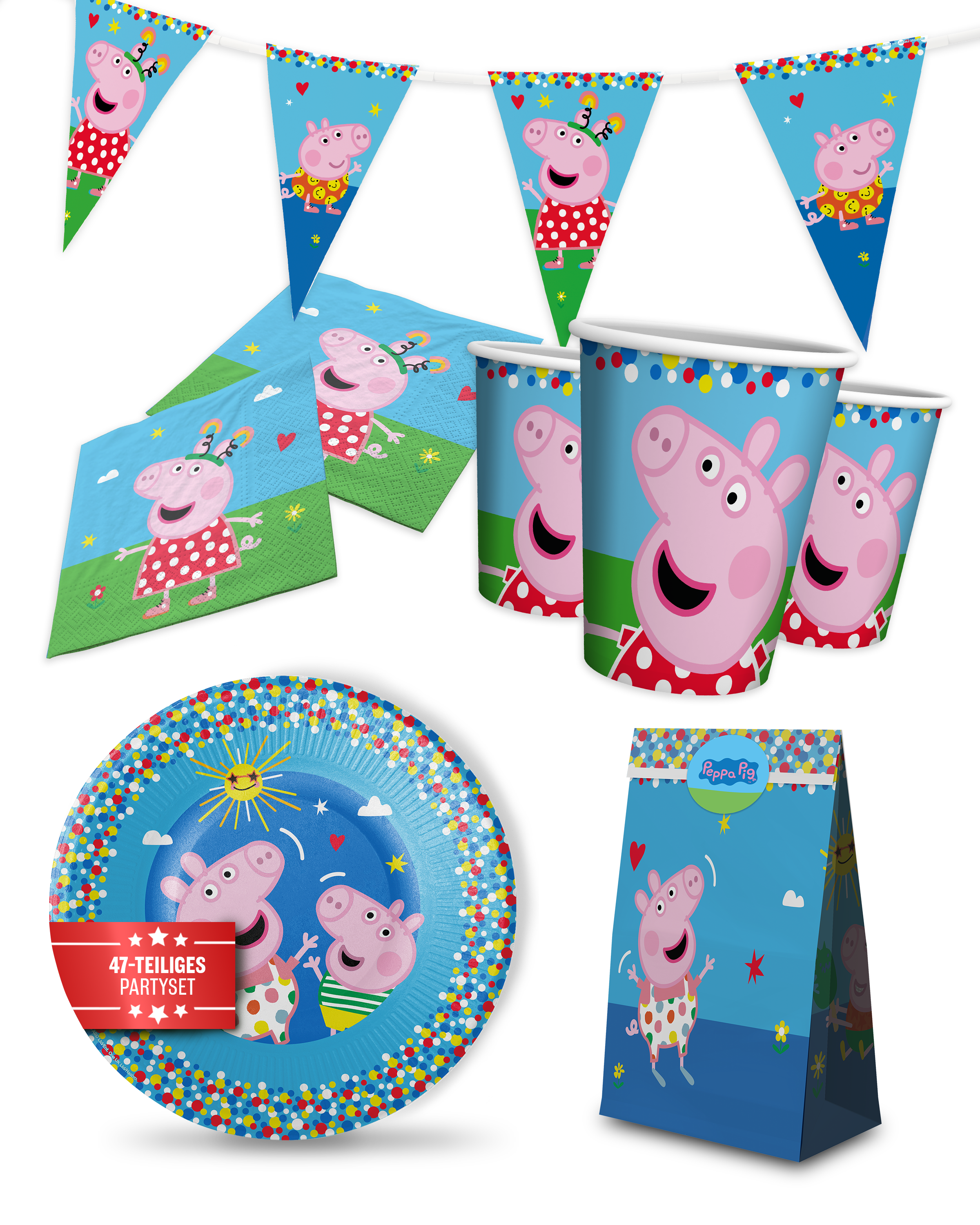 Peppa Pig Party Set 47tlg Wimpelkette Teller Becher Servietten Tüten