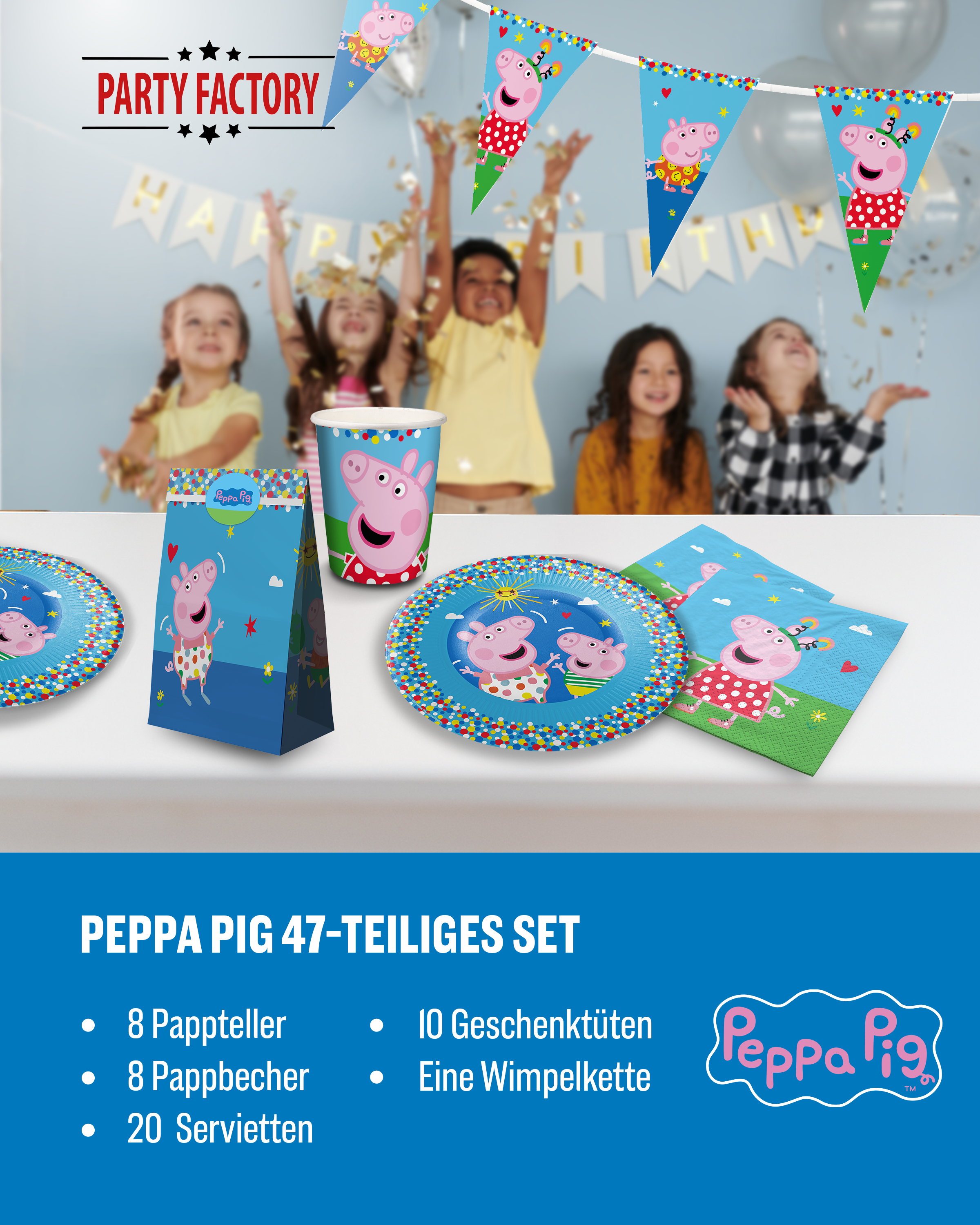 Peppa Pig Party Set 47tlg Wimpelkette Teller Becher Servietten Tüten 2