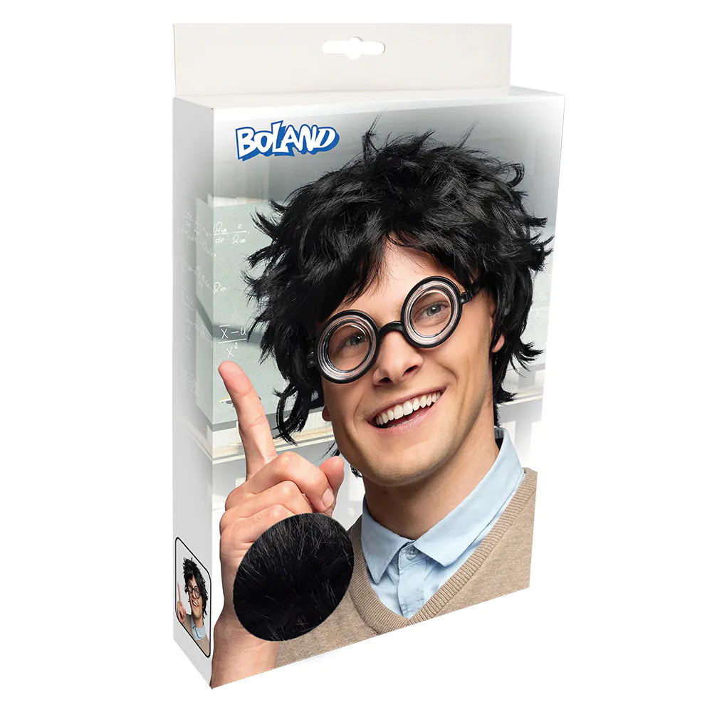 Perücke Nerd – Schwarze Herrenperücke mit zerzaustem Haar & runder Brille 4