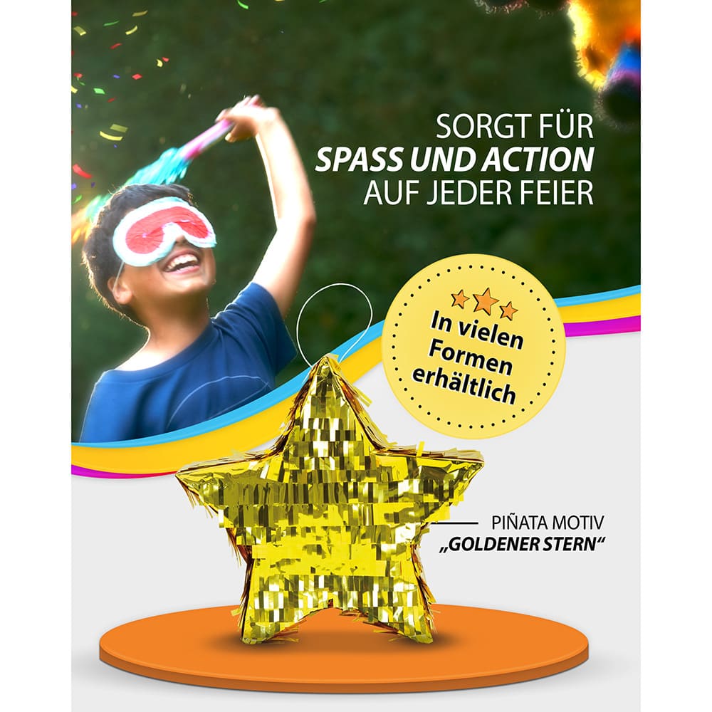 Pinata Stern in Gold 30 x 30 cm Partyspiele Kinder Geburtstag Deko Dekoration 3