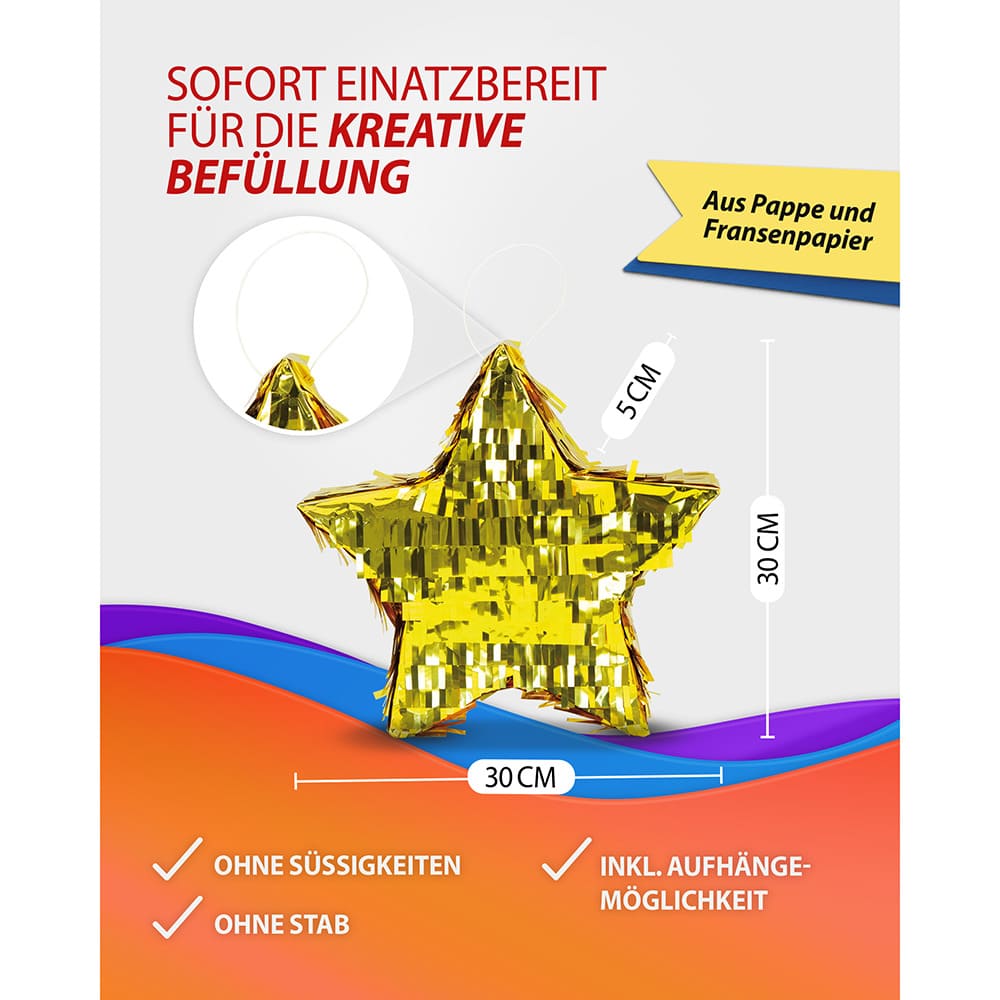 Pinata Stern in Gold 30 x 30 cm Partyspiele Kinder Geburtstag Deko Dekoration 2
