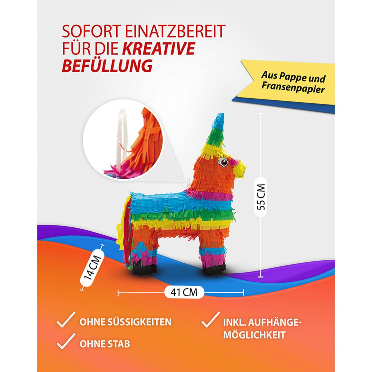 Pinata bunter Esel 41 x 55 cm Partyspiele Kinder Geburtstag Deko Geburtstagsdeko 5