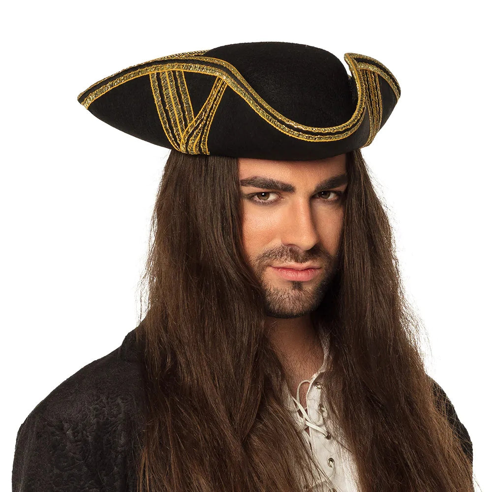 Piratenhut Royal Fortune schwarz-gold edler Dreispitz für Piratenkostüme