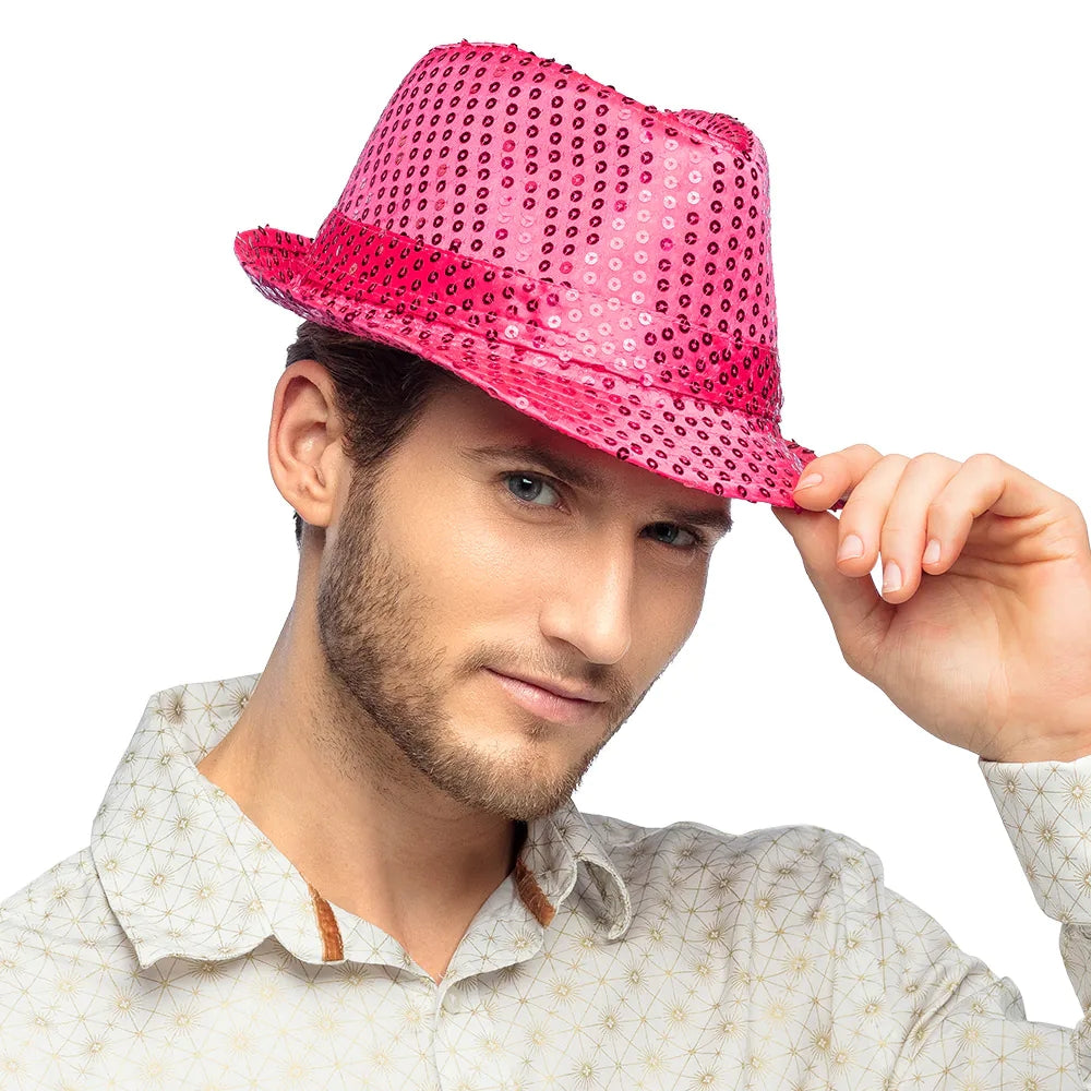 Popstar Hut rosa mit Pailletten glitzernder Paillettenhut 3