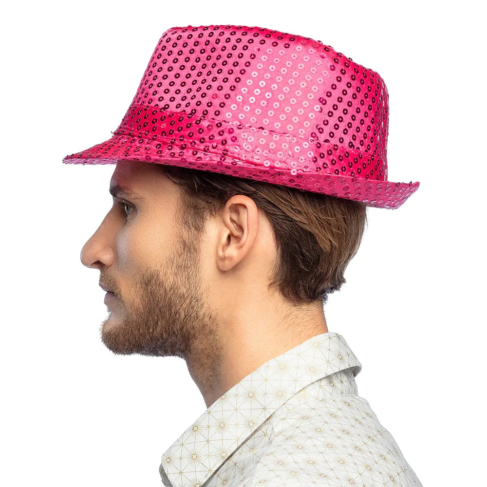 Popstar Hut rosa mit Pailletten glitzernder Paillettenhut 4