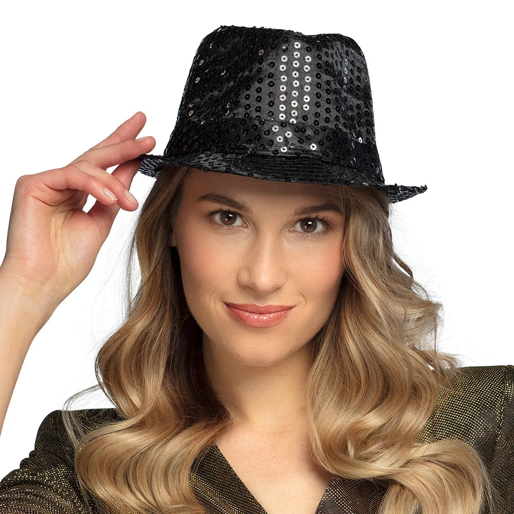 Popstar Hut schwarz mit Pailletten glitzernder Paillettenhut 3