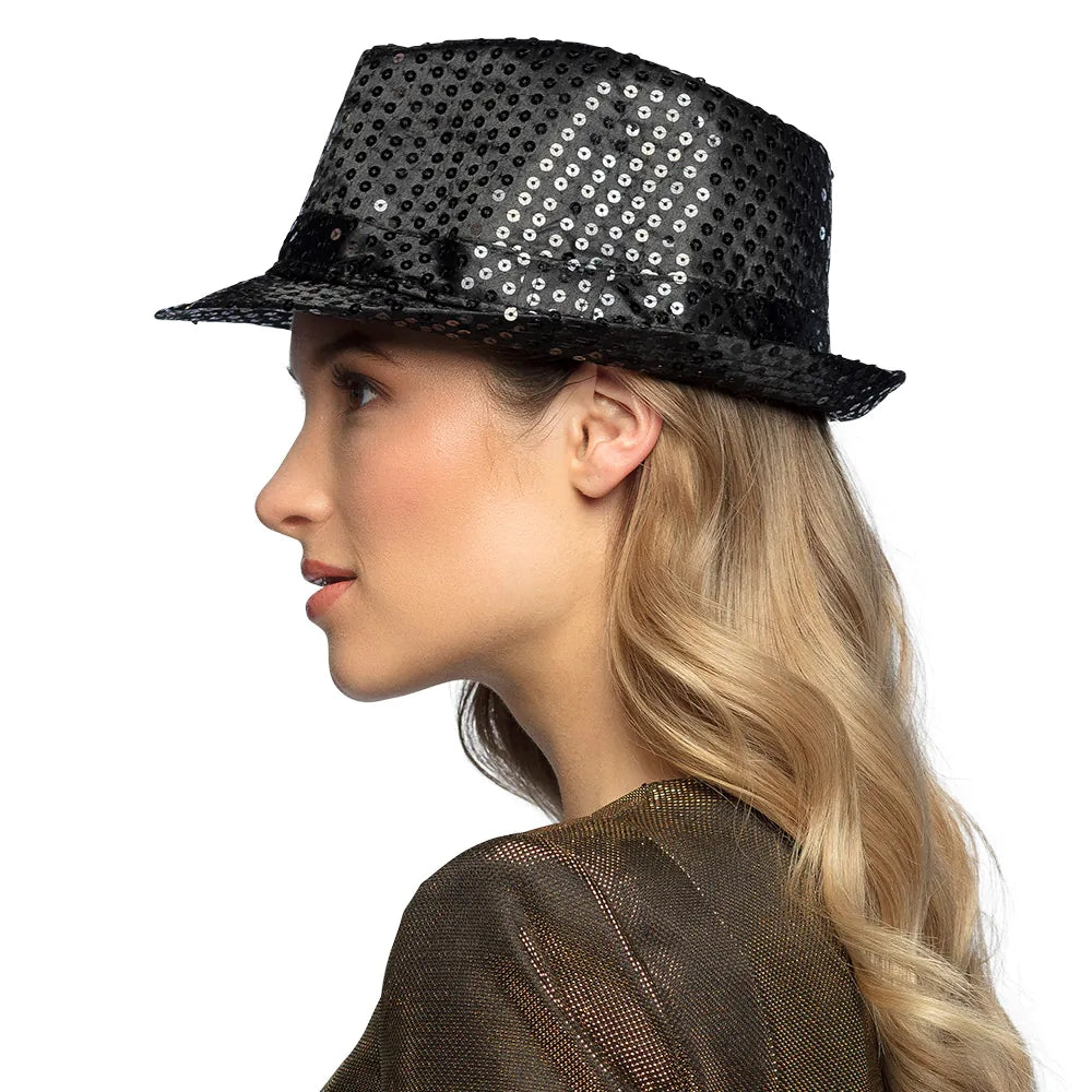 Popstar Hut schwarz mit Pailletten glitzernder Paillettenhut 4