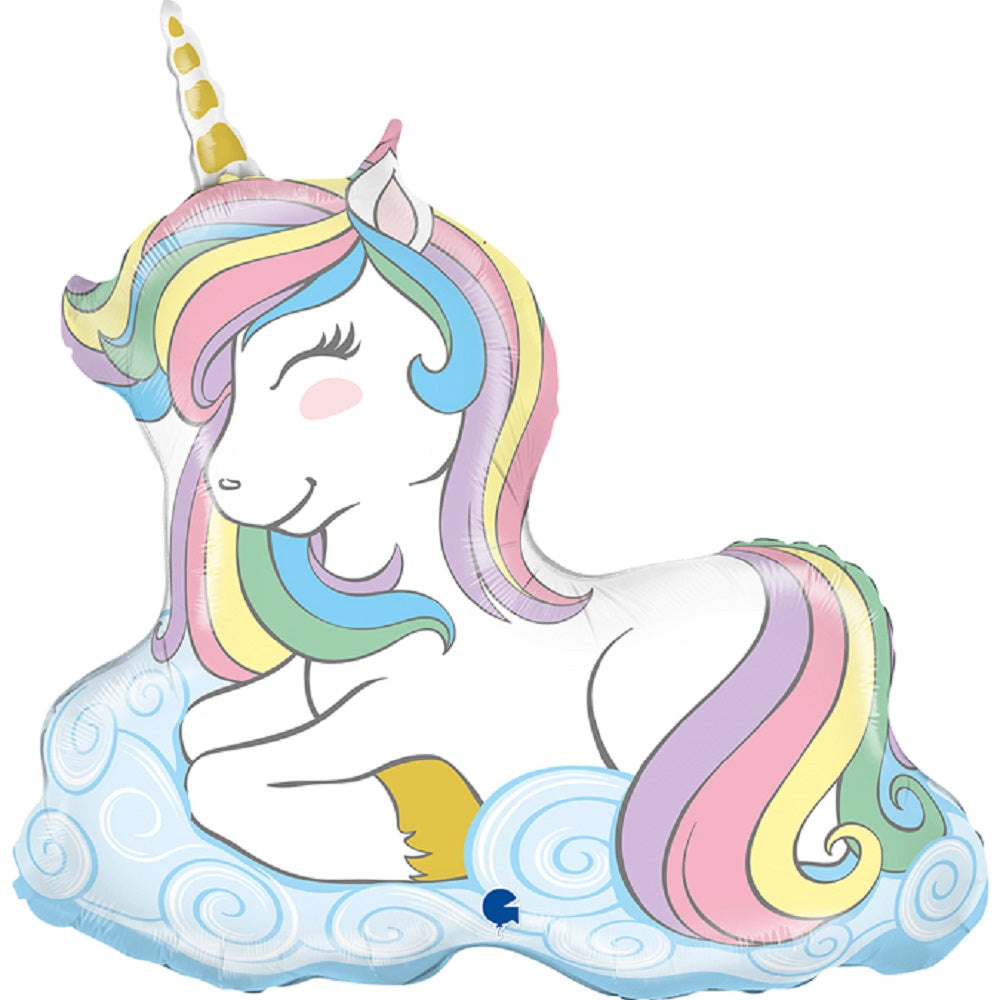 Shape Folienballon liegendes Einhorn pastell, 67x68cm weiß Regenbogen Unicorn