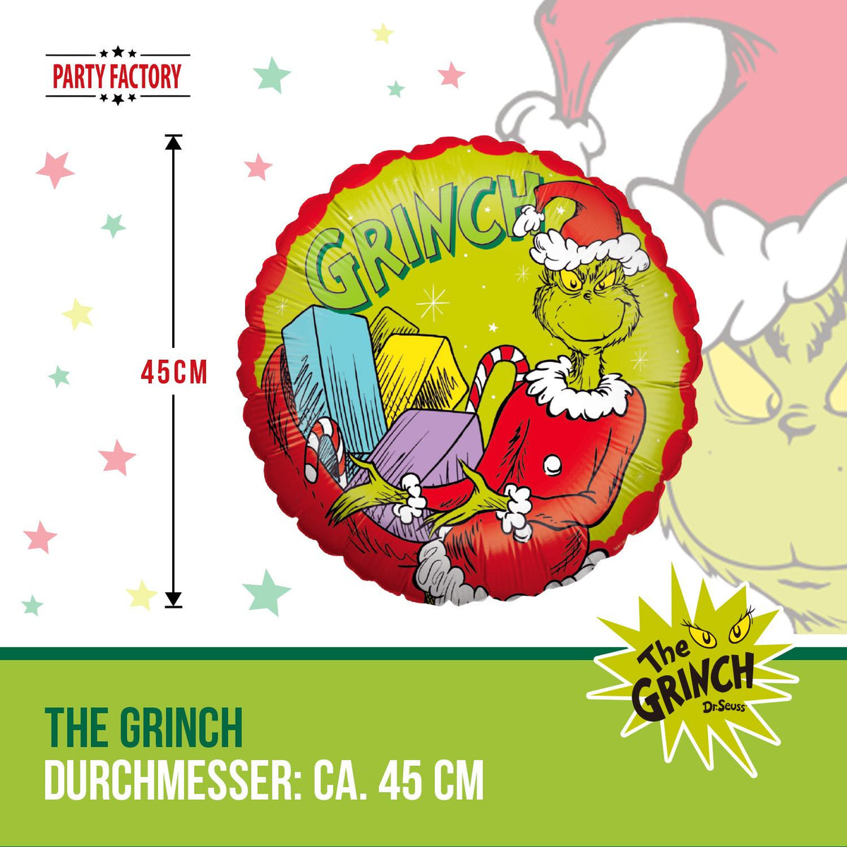 The Grinch Folienballon Weihnachtsmotiv rund rot grün Ø 45cm 4