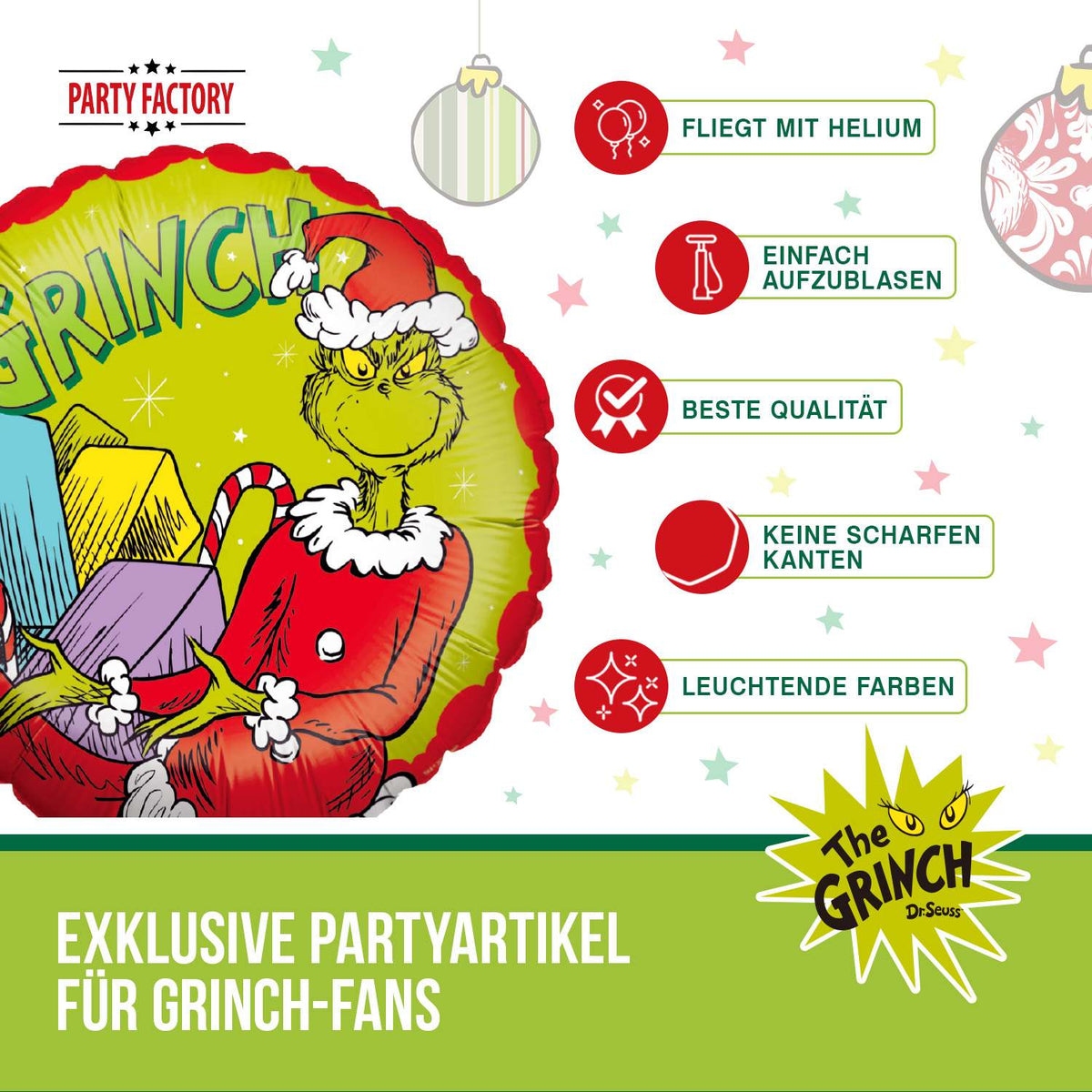The Grinch Folienballon Weihnachtsmotiv rund rot grün Ø 45cm 6