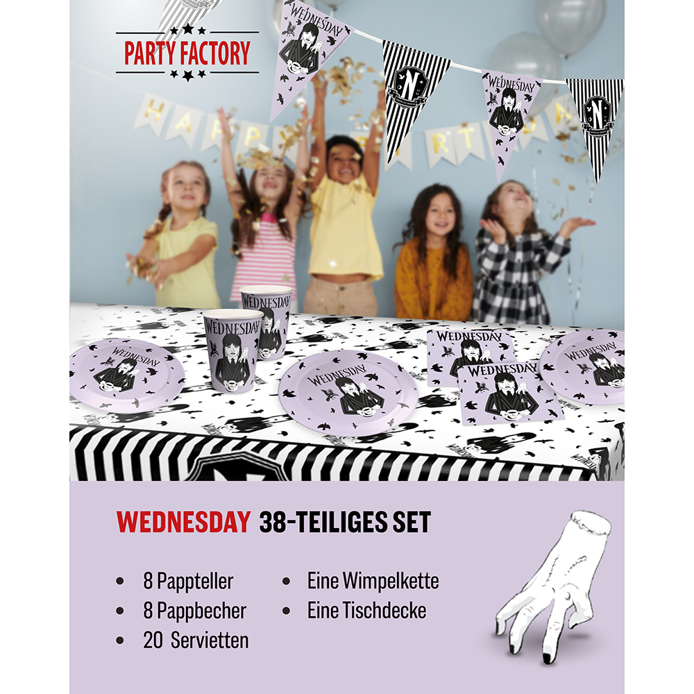 Wednesday Partyset 38-tlg Becher Teller Servietten Wimpel Tischdecke 2