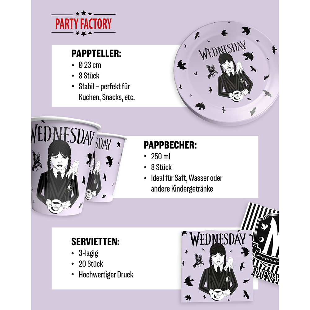 Wednesday Partyset 38-tlg Becher Teller Servietten Wimpel Tischdecke 4