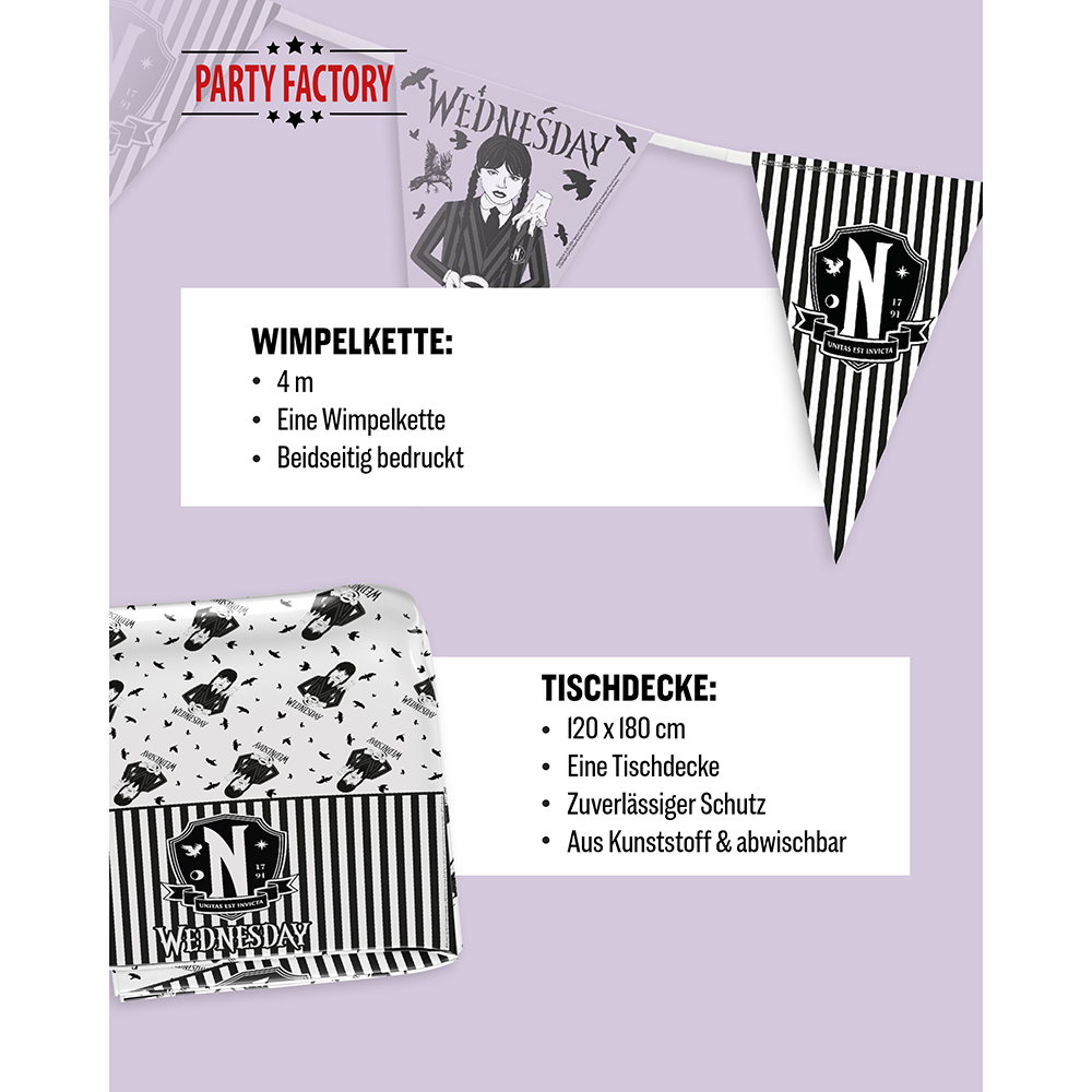 Wednesday Partyset 38-tlg Becher Teller Servietten Wimpel Tischdecke 5