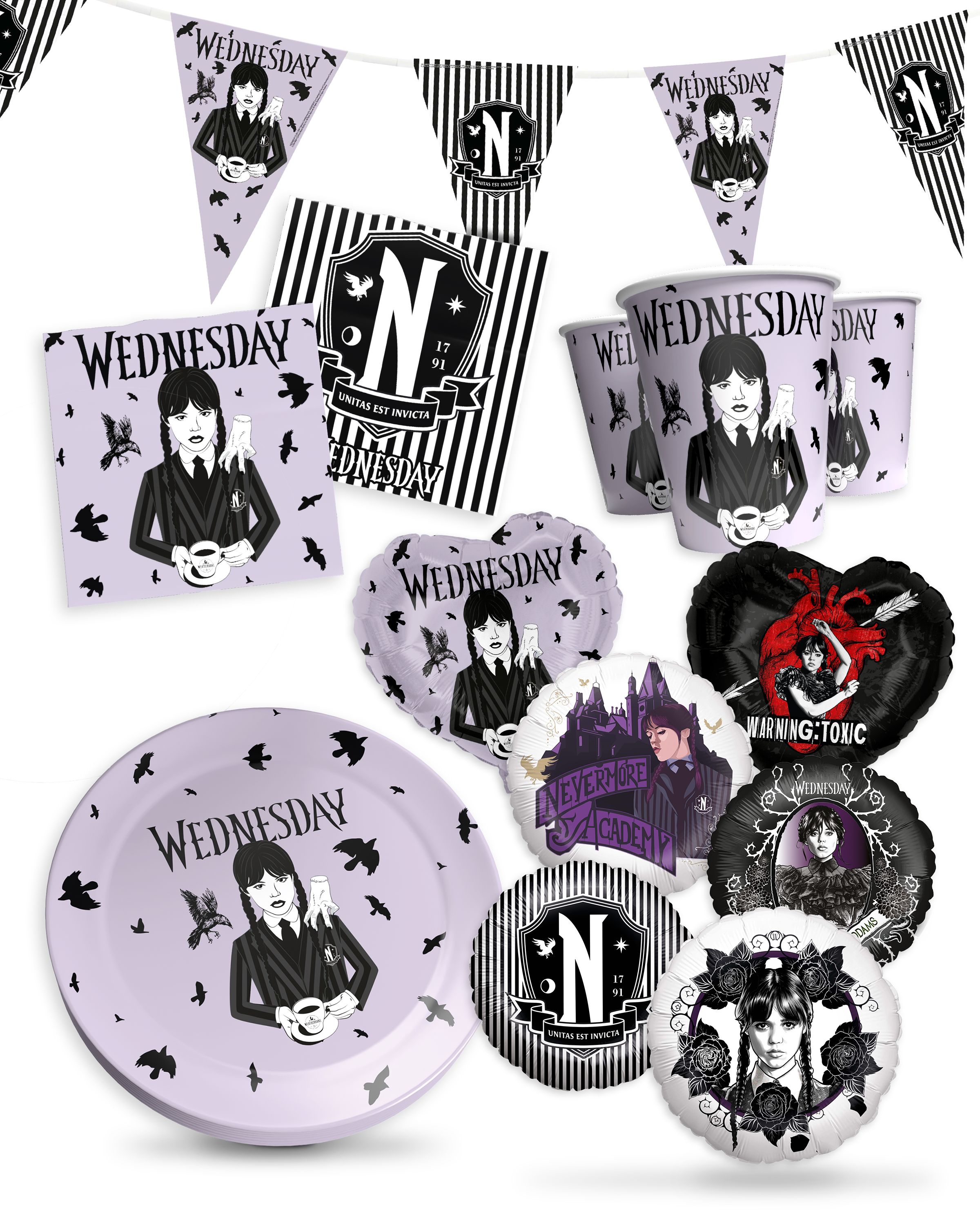 Wednesday Partyset 47-tlg – Becher, Teller, Servietten, Wimpel, 10 Folienballons 2