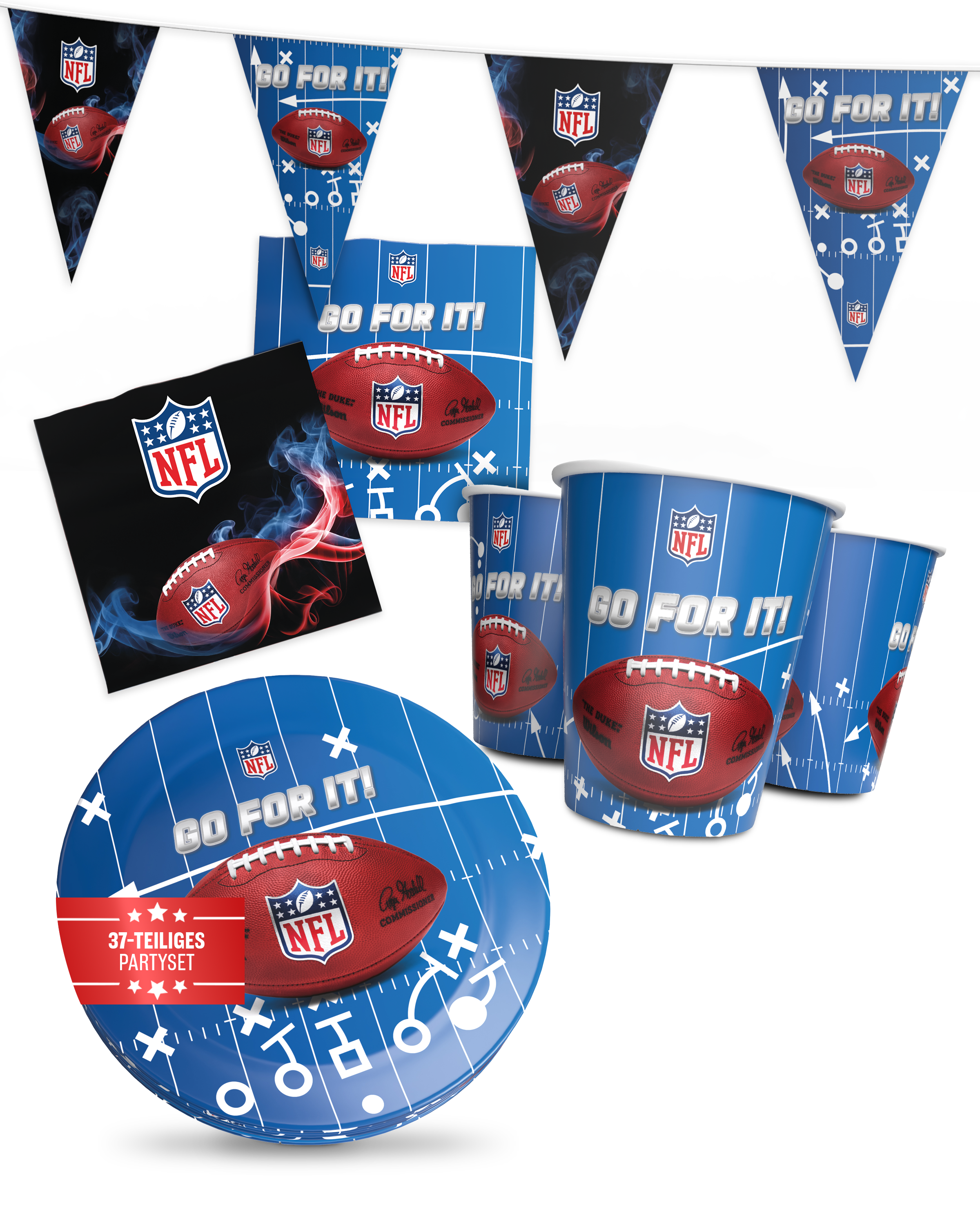 NFL Party Set Blau 33tlg mit 6 Tellern 6 Bechern 20 Servietten 1 Wimpelkette
