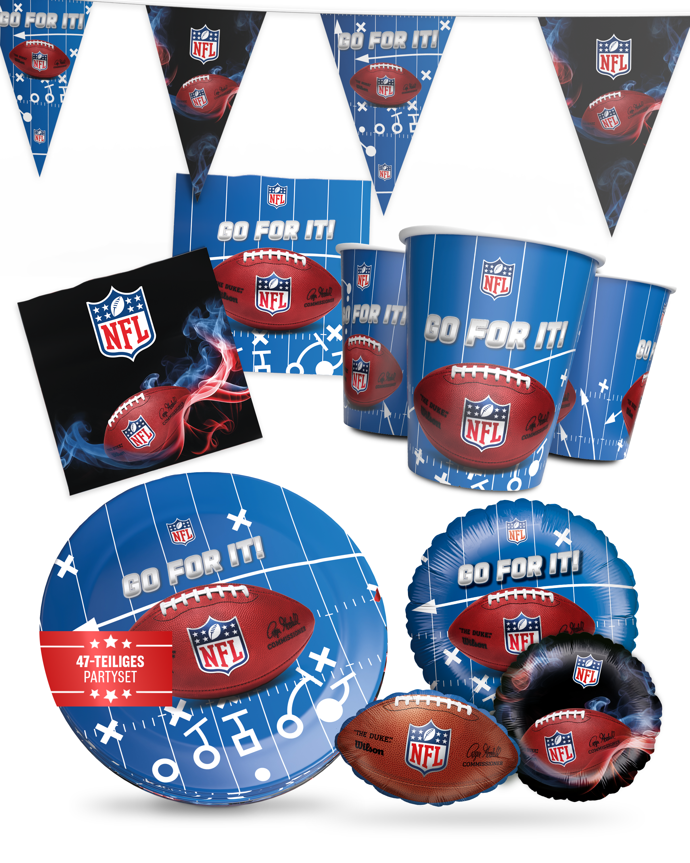 NFL Party Set Blau 43tlg mit Ballons Teller Becher Servietten Wimpel