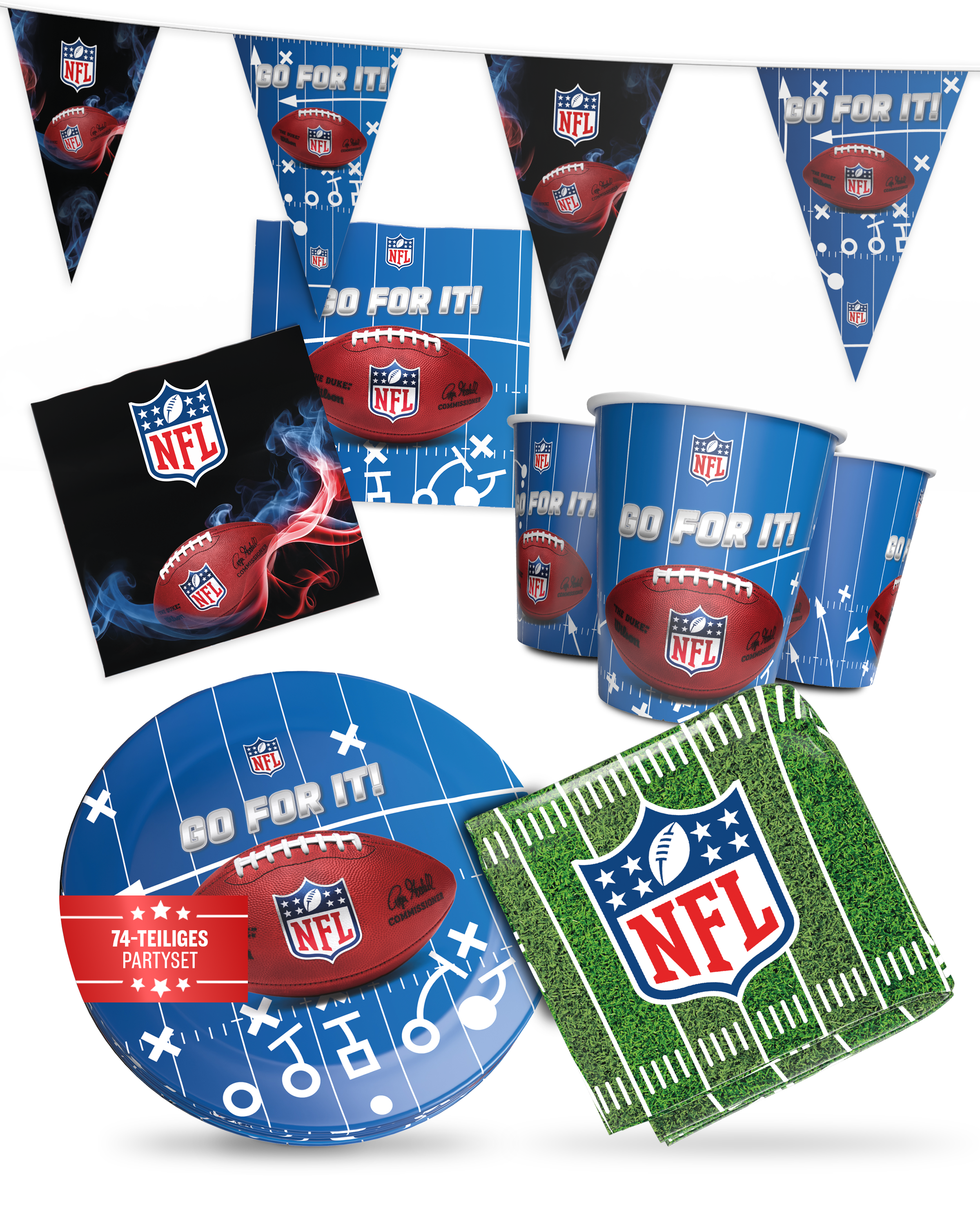 NFL Party Set Blau 66tlg mit Tellern Bechern Servietten Wimpelkette Decke