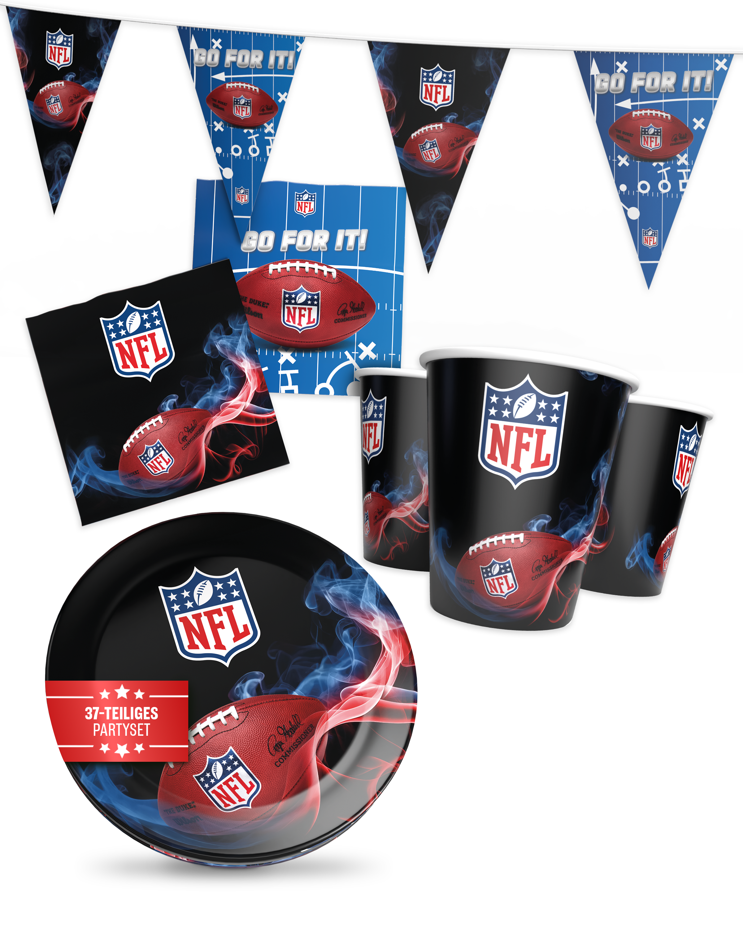 NFL Party Set Schwarz 33tlg 6 Tellern 6 Bechern 20 Servietten und Wimpel