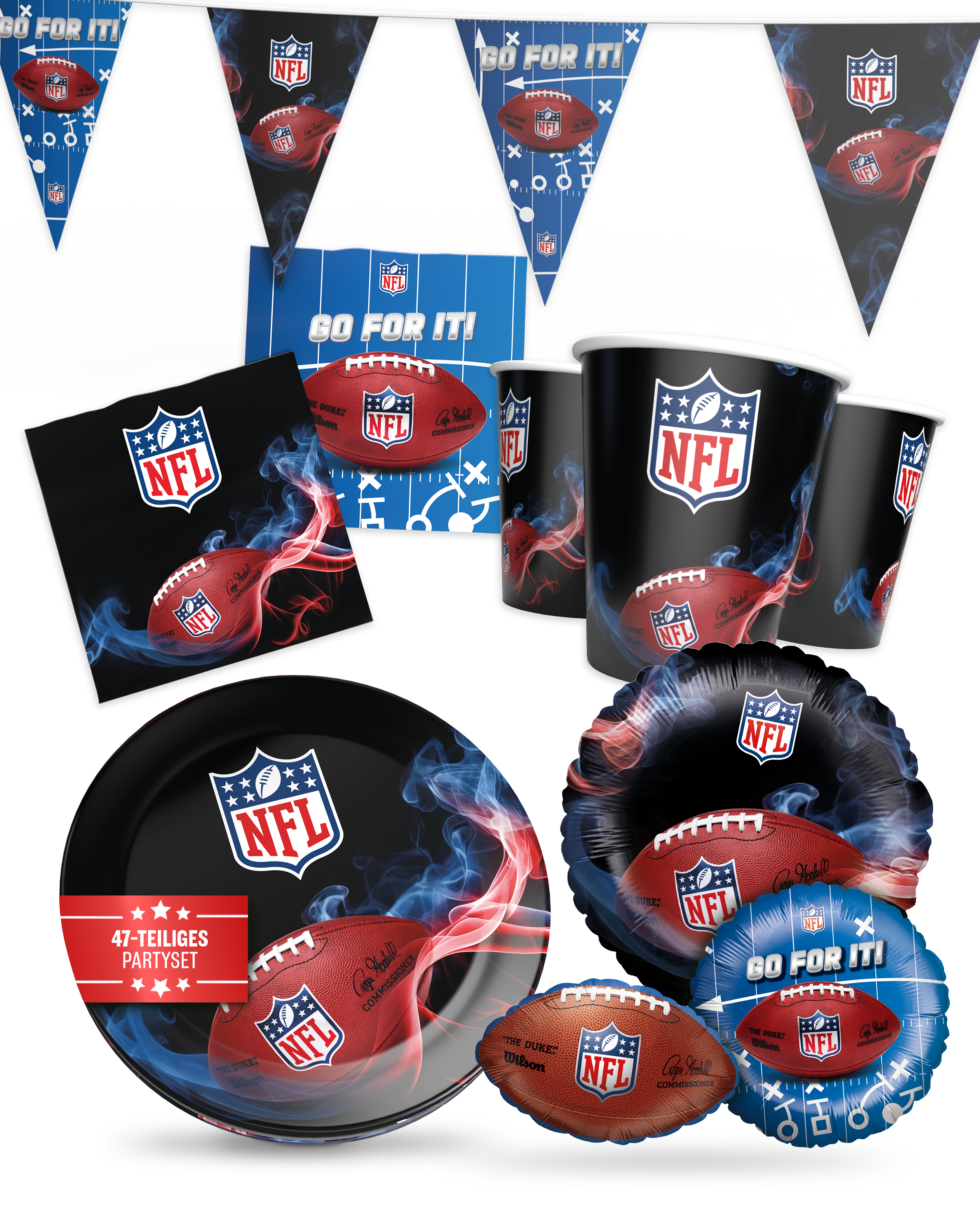 NFL Party Set Schwarz 43tlg  Ballons Teller Becher Servietten Wimpel
