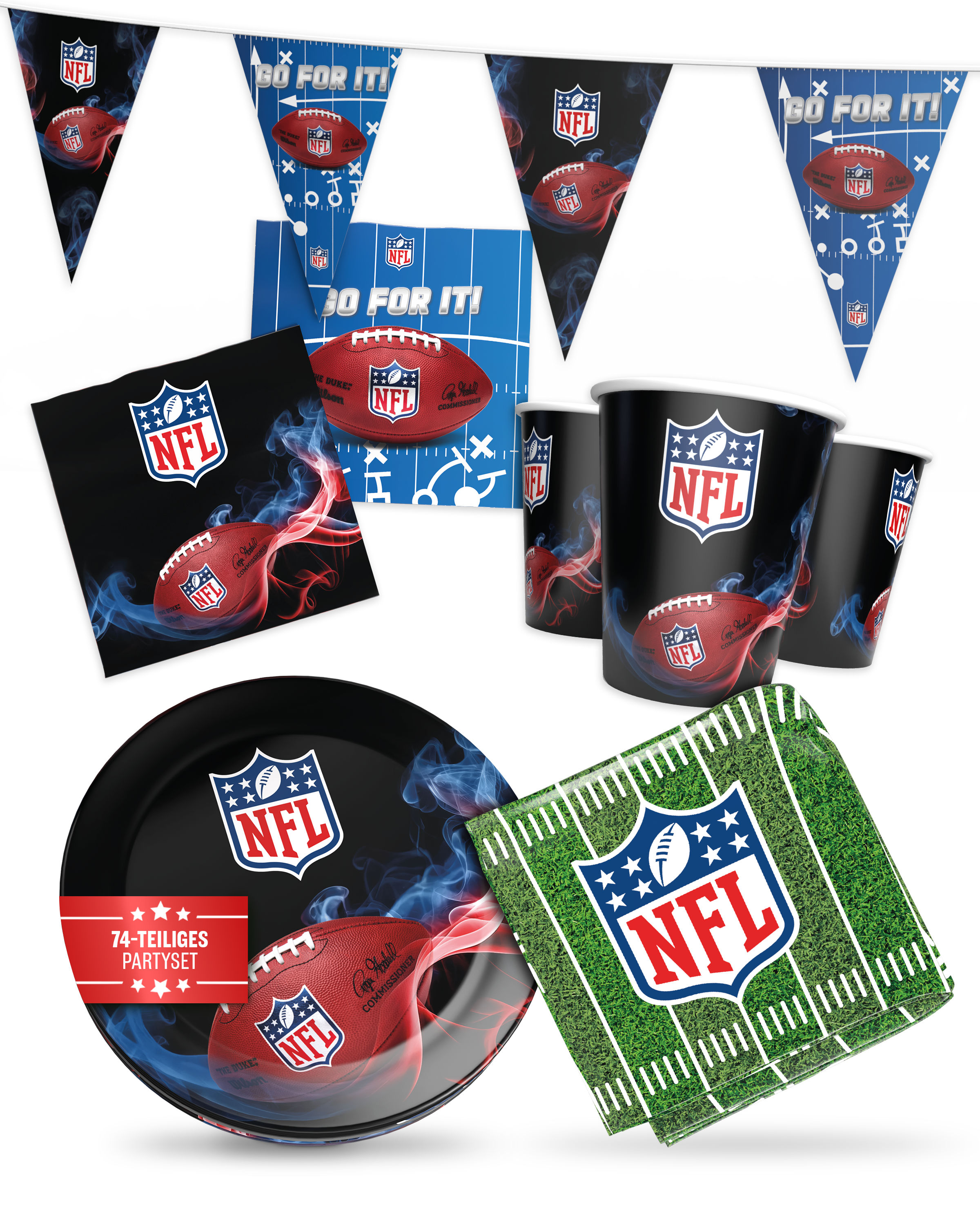 NFL Party Set Schwarz 66tlg Teller Becher Serviette Wimpelkette Tischd