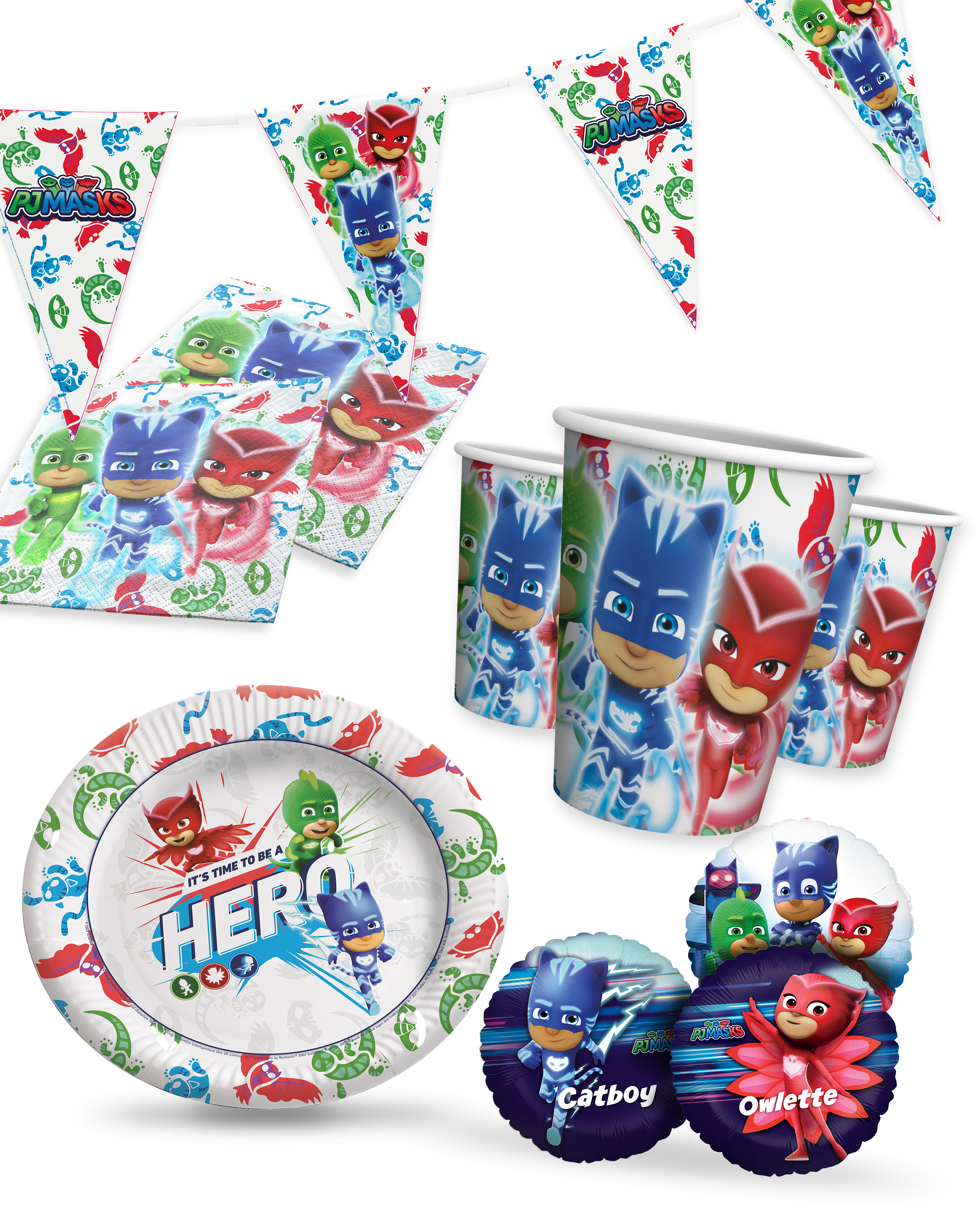 PJ Masks Party Set 41tlg mit Wimpelkette Ballons Tellern Bechern und Servietten