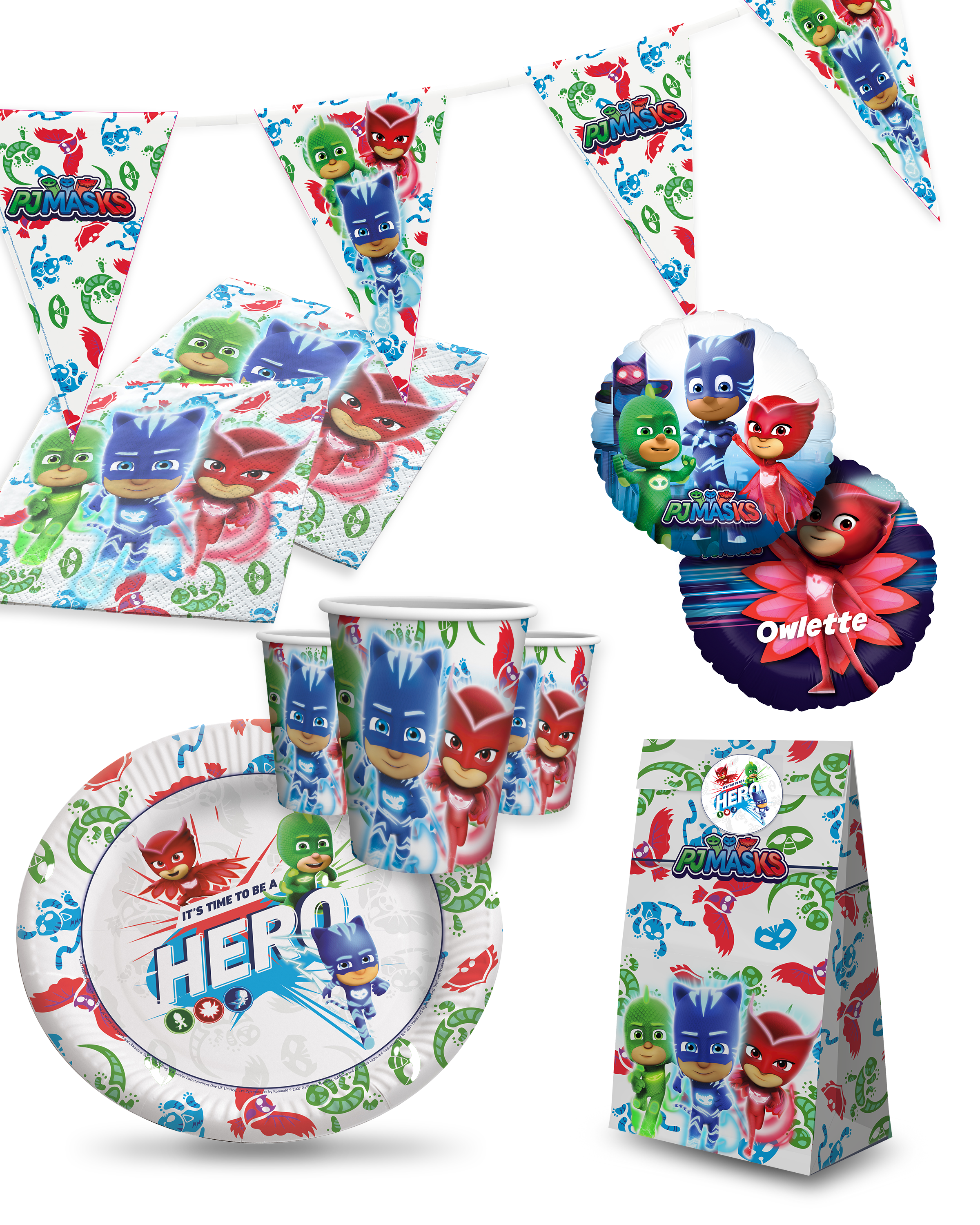 PJ Masks Party Set 51tlg mit Ballons Geschenktüten Becher Teller Geschirr
