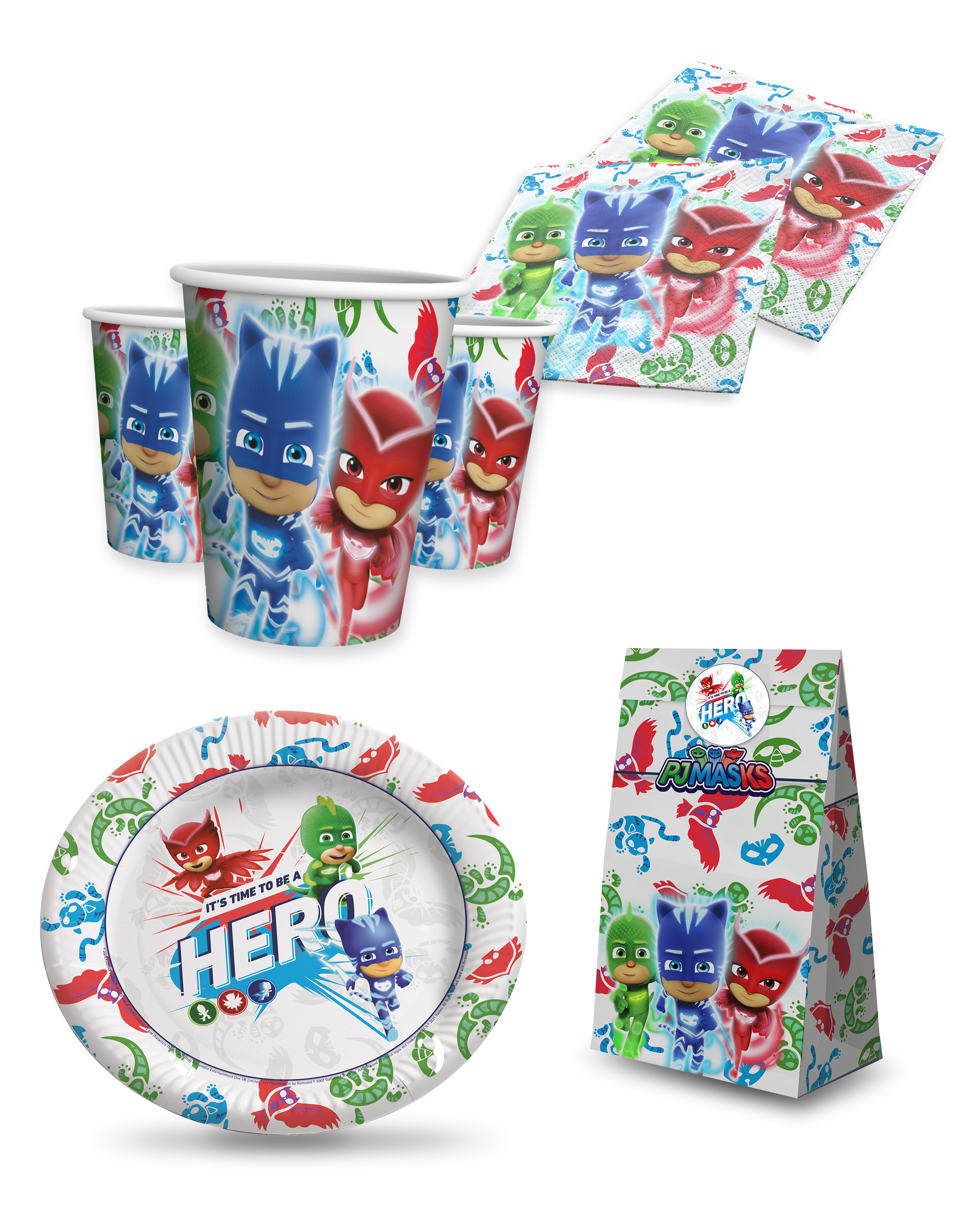 PJ Masks Party Set 46tlg mit Geschenktüten Bechern Tellern Servietten