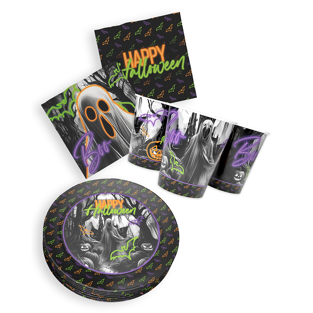 Halloween Neon Motiv 2 3-teiliges Party-Set mit 16 Papptellern, 16 Pappbechern und 40 Servietten