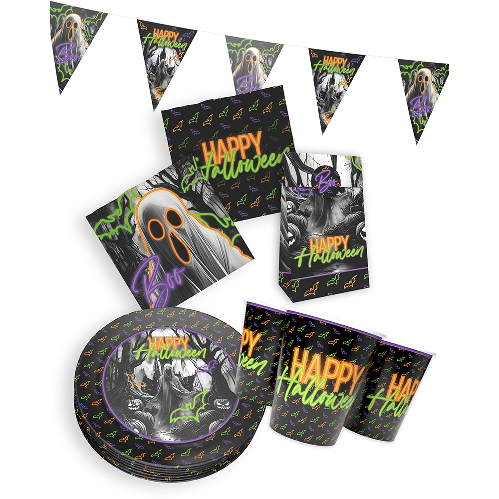 Halloween Neon Motiv 1 5-teiliges Party-Set mit 8 Papptellern, 8 Pappbechern, 20 Servietten, 1 Wimpelkette und 10 Geschenktüten