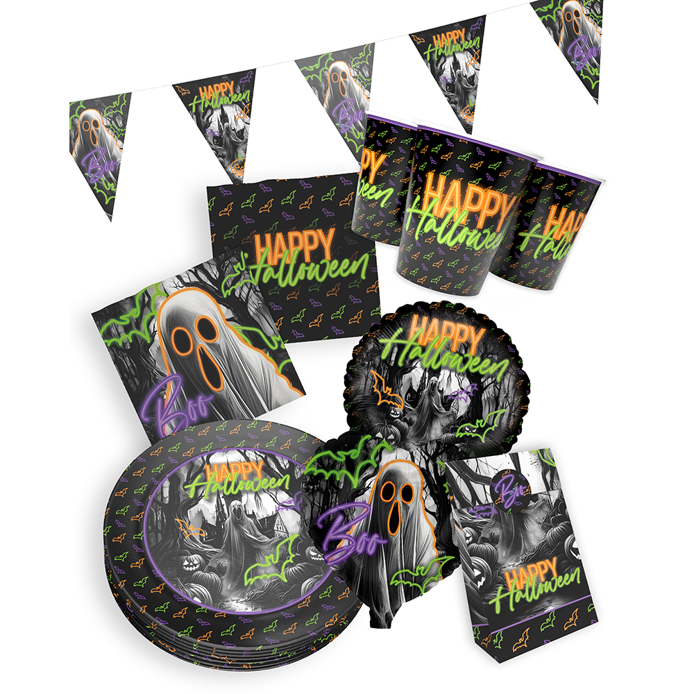 Halloween Neon Motiv 2, 6-teiliges Partyset, 8 Pappteller, 8 Pappbecher, 20 Servietten, 1 Wimpelkette, 10 Geschenktüten, 10 Folienballons