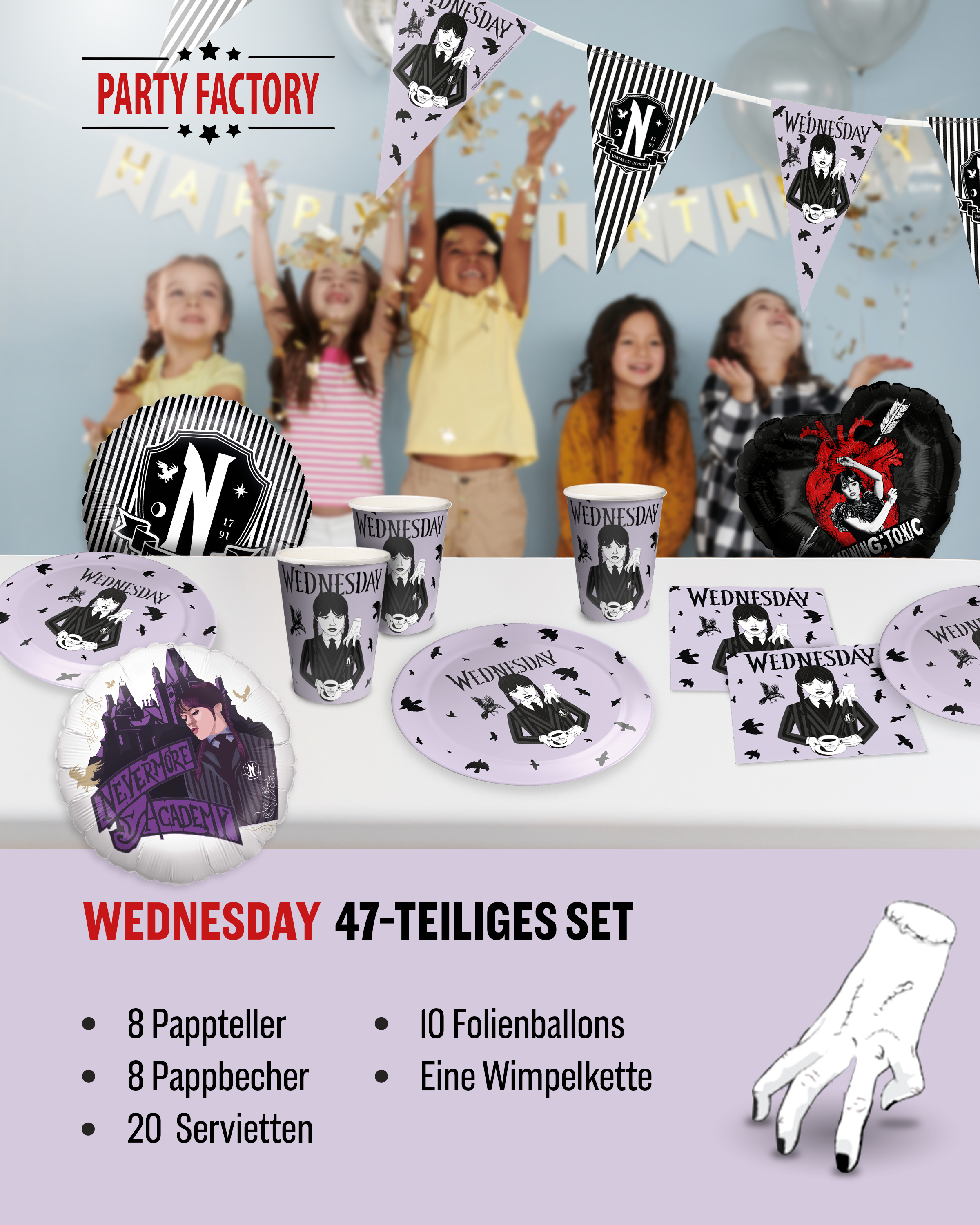 Wednesday Partyset 47-tlg – Becher, Teller, Servietten, Wimpel, 10 Folienballons 3