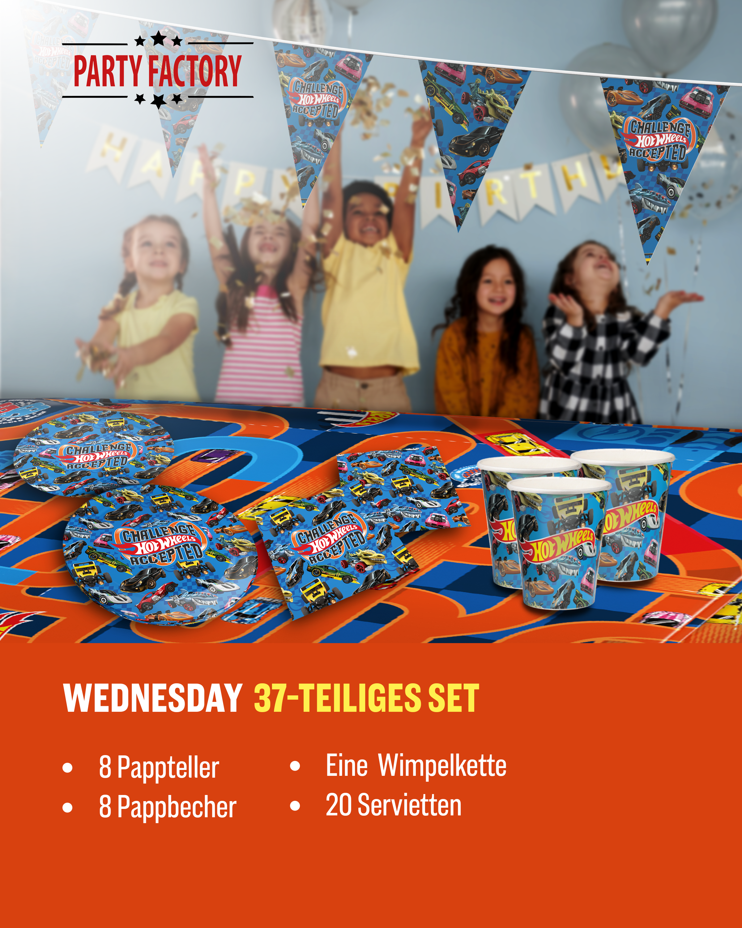 Hot Wheels 37-tlg. Party Set – Geburtstag Deko mit Bechern Tellern Wimpel 2