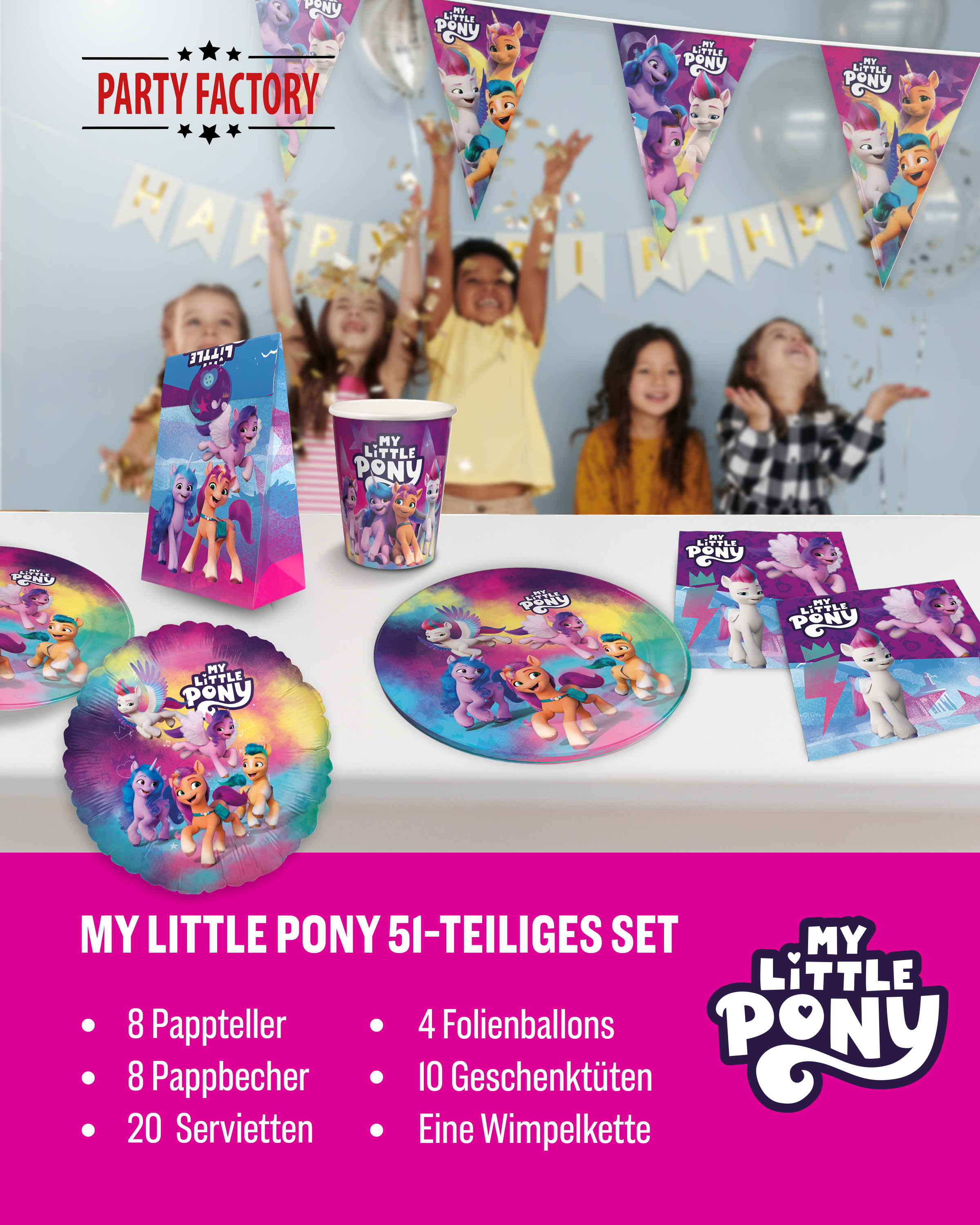 My Little Pony Party Set 51tlg Teller Becher Servietten Wimpel Ballons Geschenktüten 2