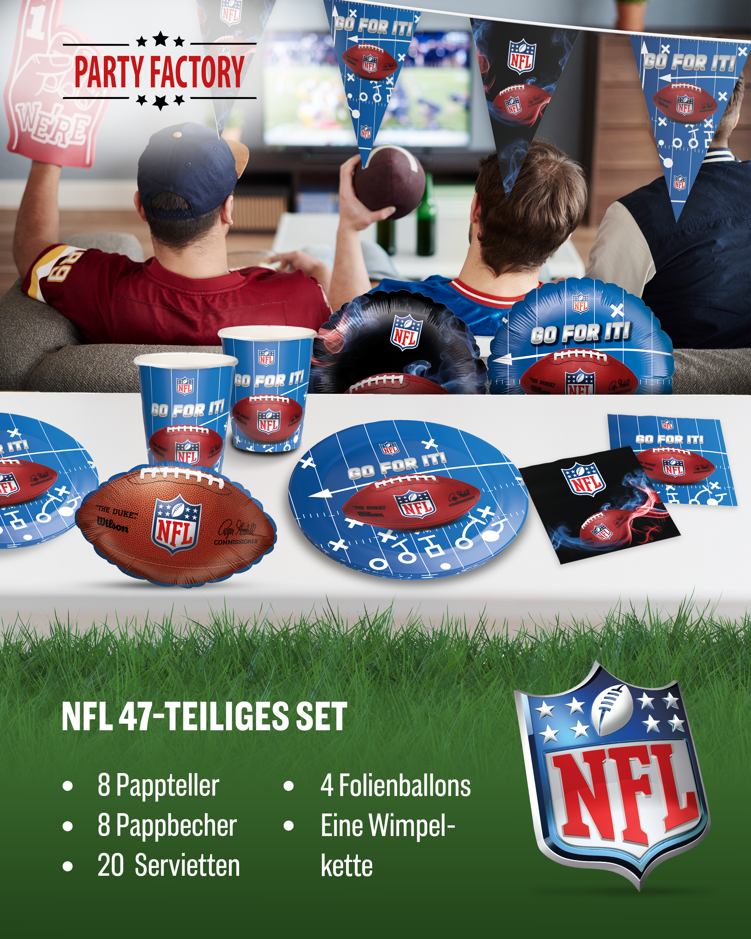 NFL Party Set Blau 37tlg mit Ballons Teller Becher Servietten Wimpel 2