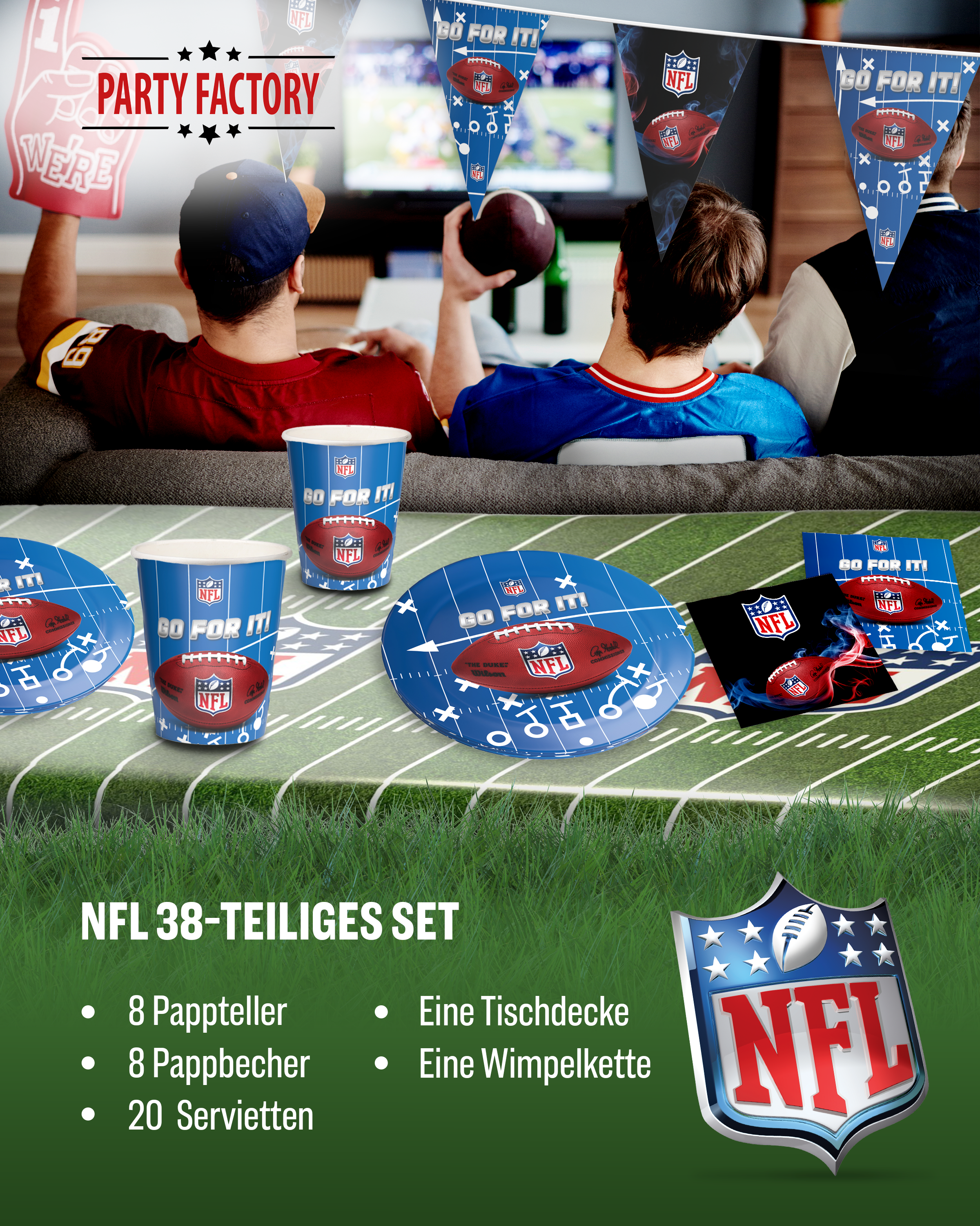 NFL Party Set Blau 34tlg mit Tellern Bechern Servietten Wimpelkette Decke 2