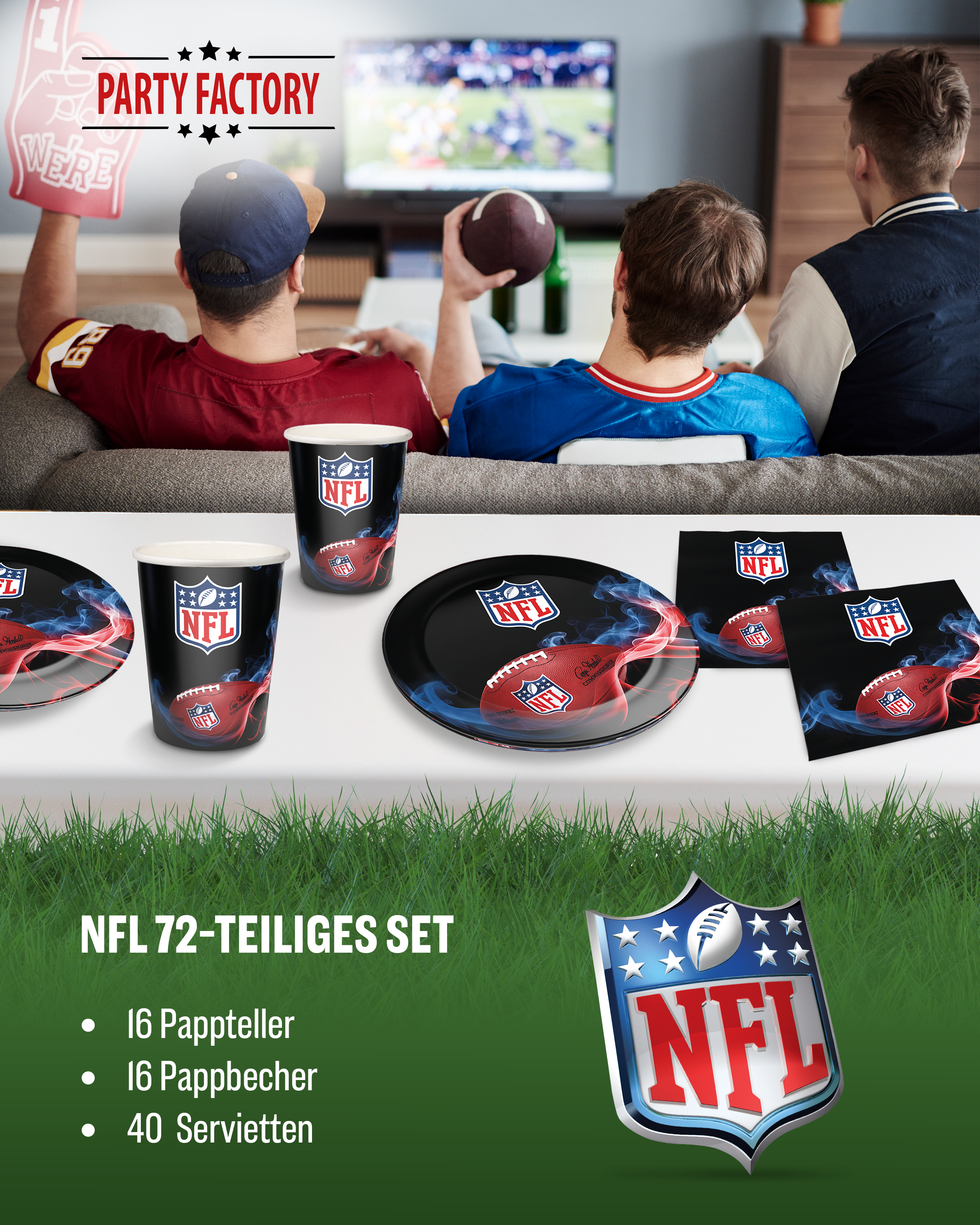 NFL Party Set Schwarz 64tlg mit 12 Tellern 12 Bechern und 40 Servietten 2