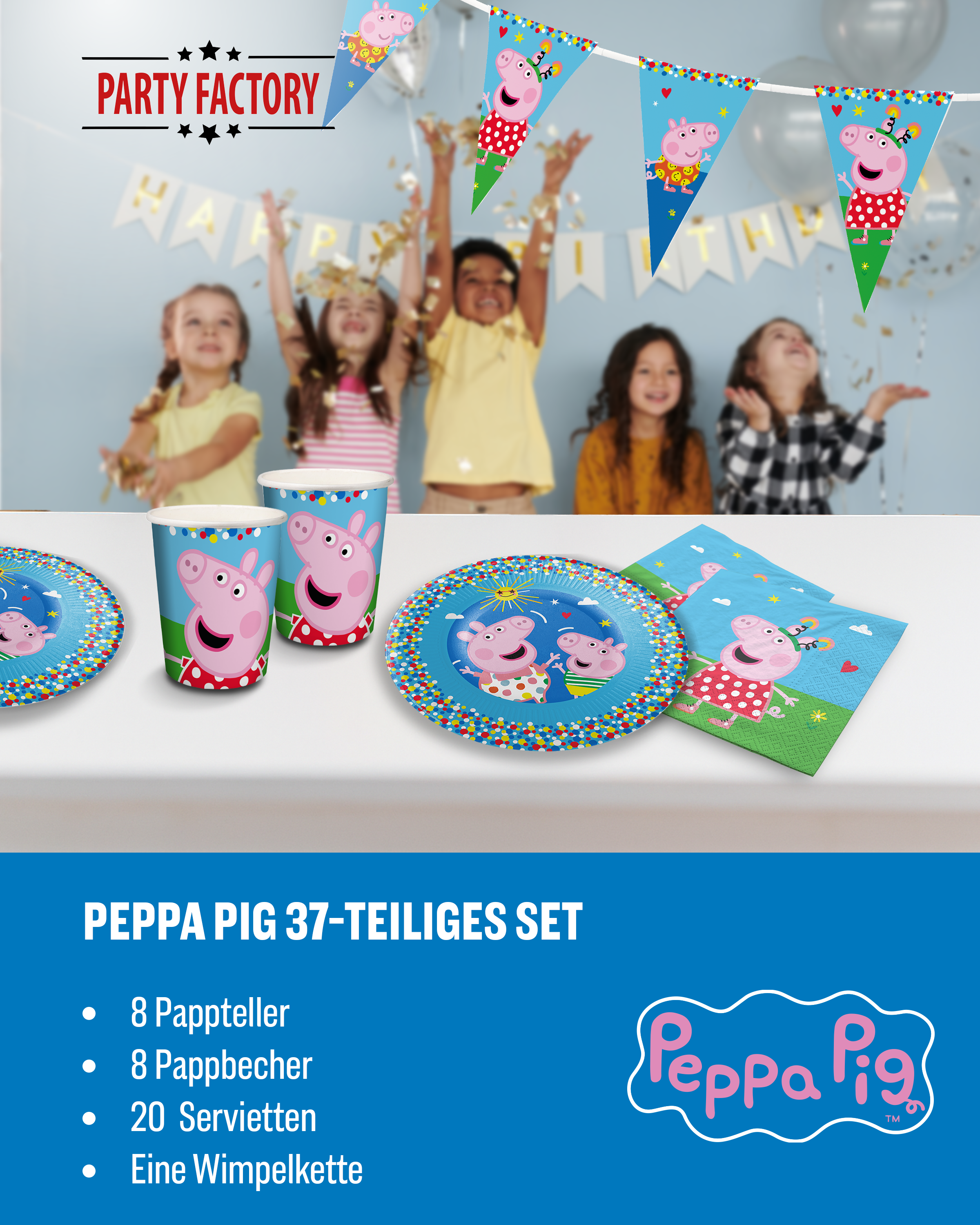 Peppa Pig Party Set 37tlg mit Wimpelkette Tellern Bechern und Servietten 2