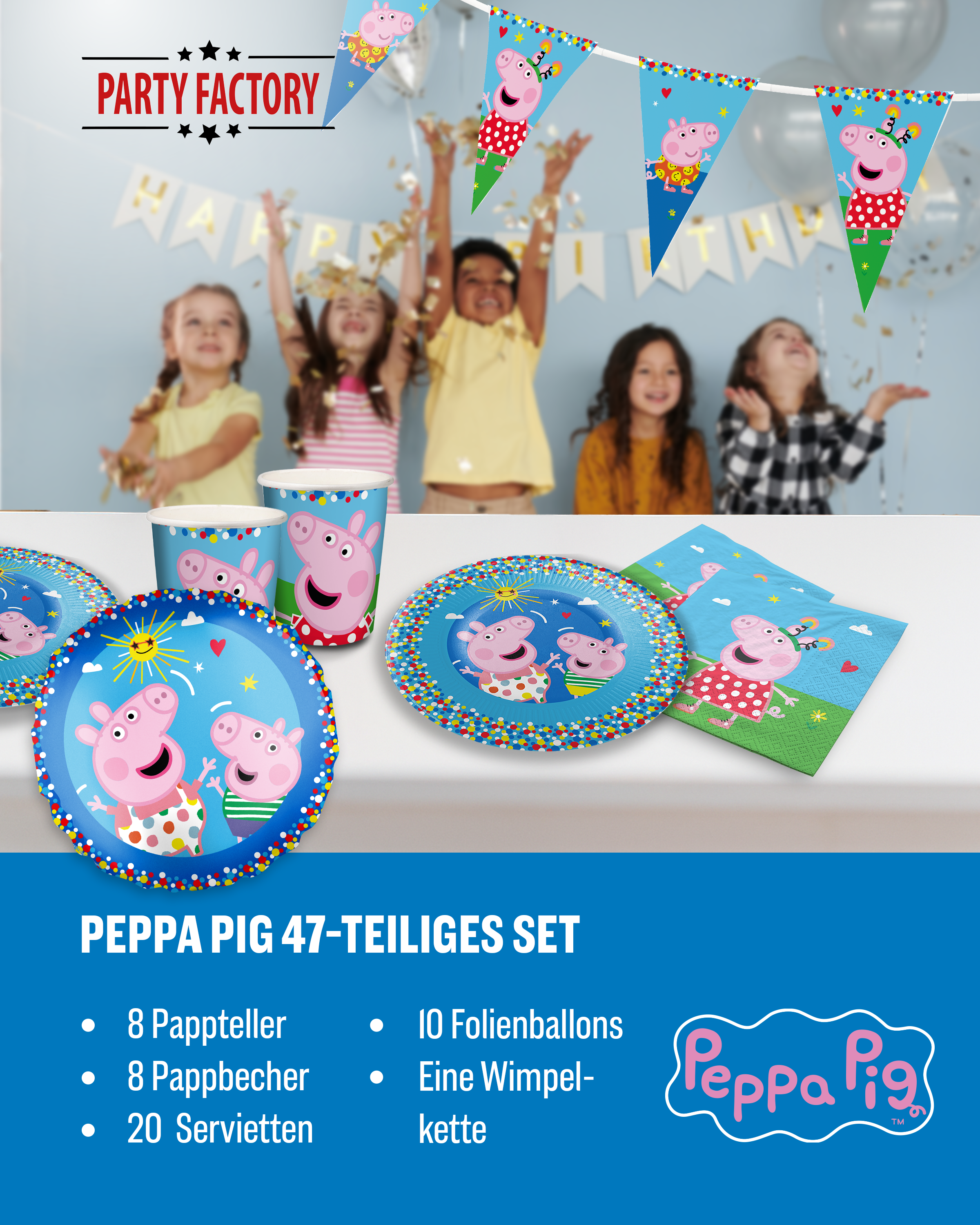 Peppa Pig Party Set 47tlg Wimpelkette Teller Becher Servietten Ballons 2