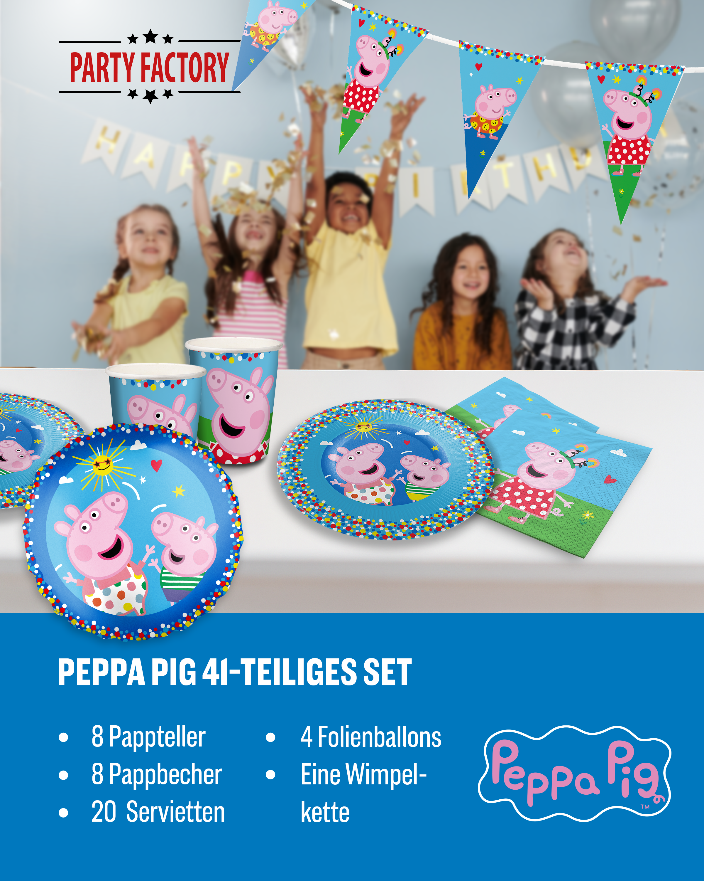 Peppa Pig Party Set 41tlg Wimpelkette Teller Becher Servietten Ballons 2