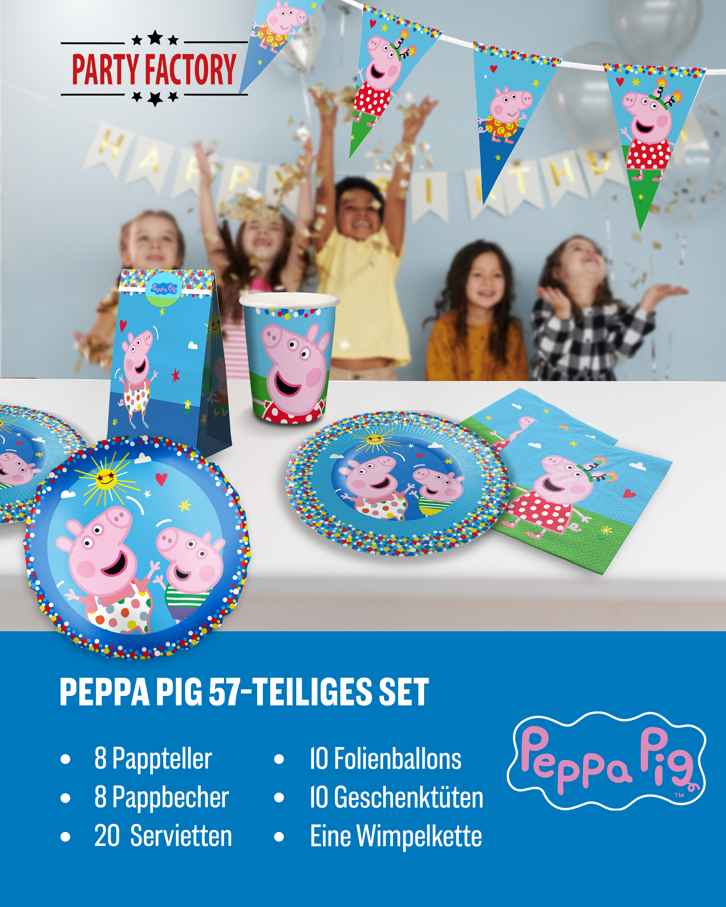 Peppa Pig Party Set 57tlg Wimpel Ballons Tellern Bechern Servietten Tüten 2