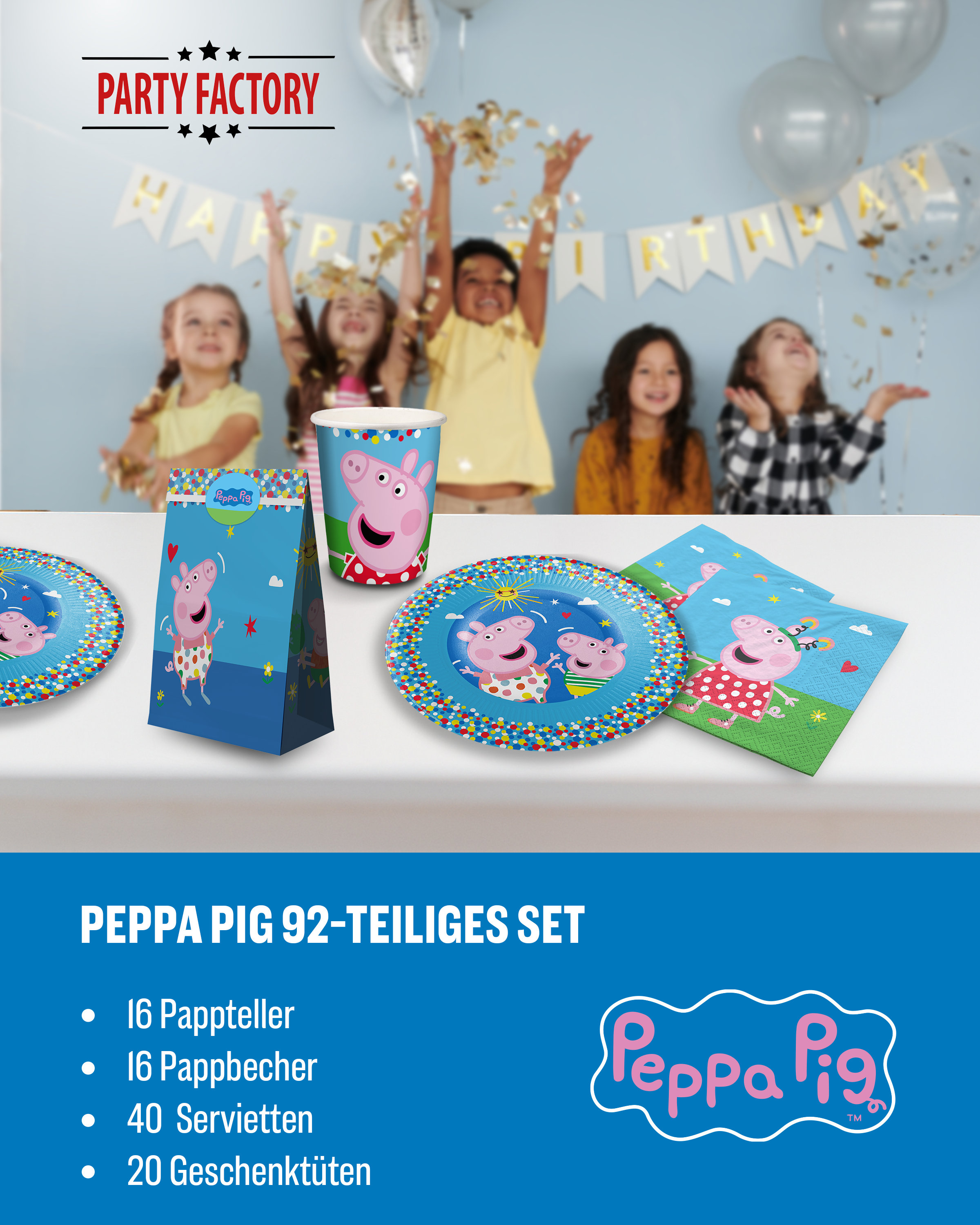 Peppa Pig Party Set 92tlg Tellern Bechern Servietten und Geschenktüten 2
