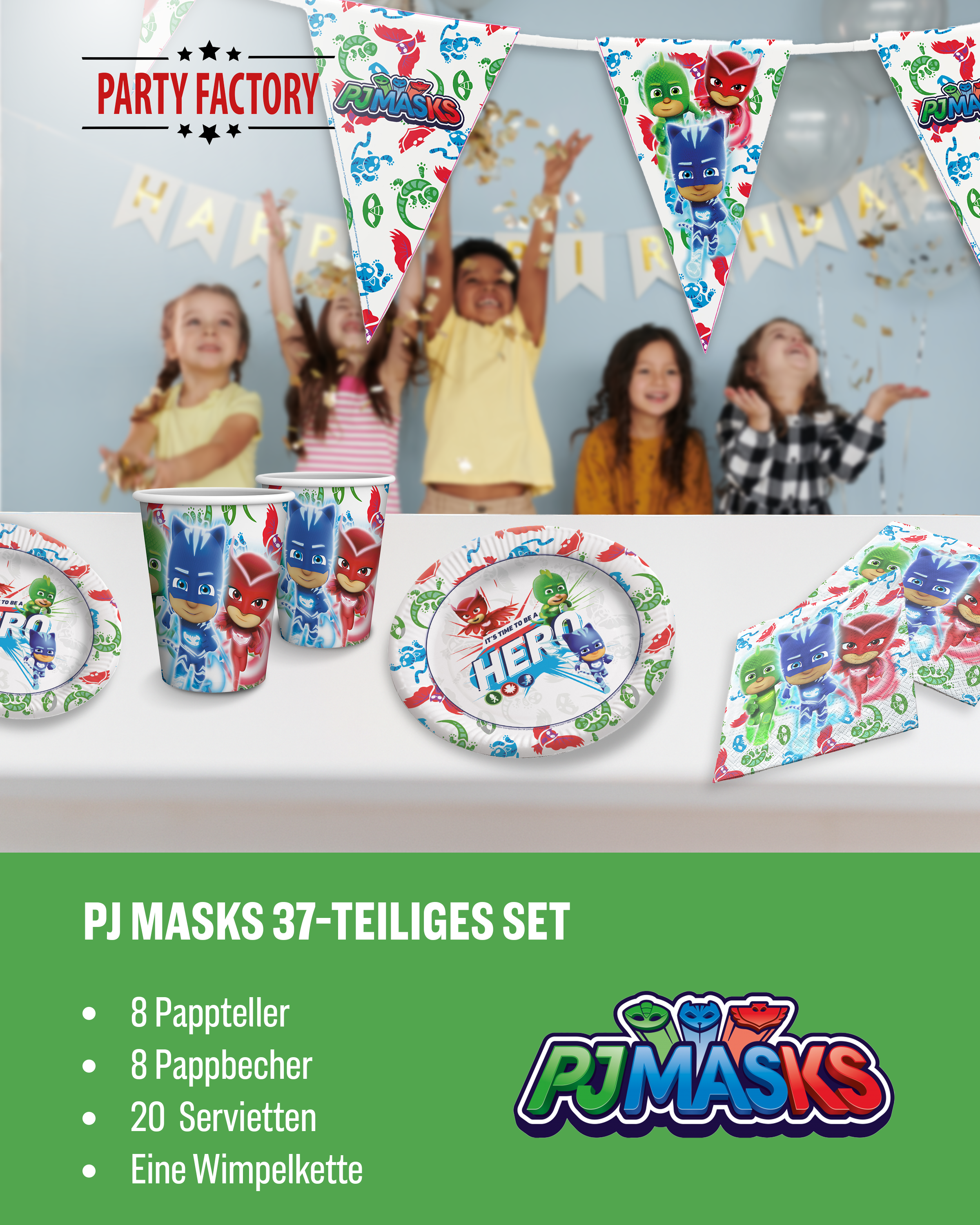 PJ Masks Party Set 37tlg mit Tellern Bechern Servietten und Geschenktüten 2