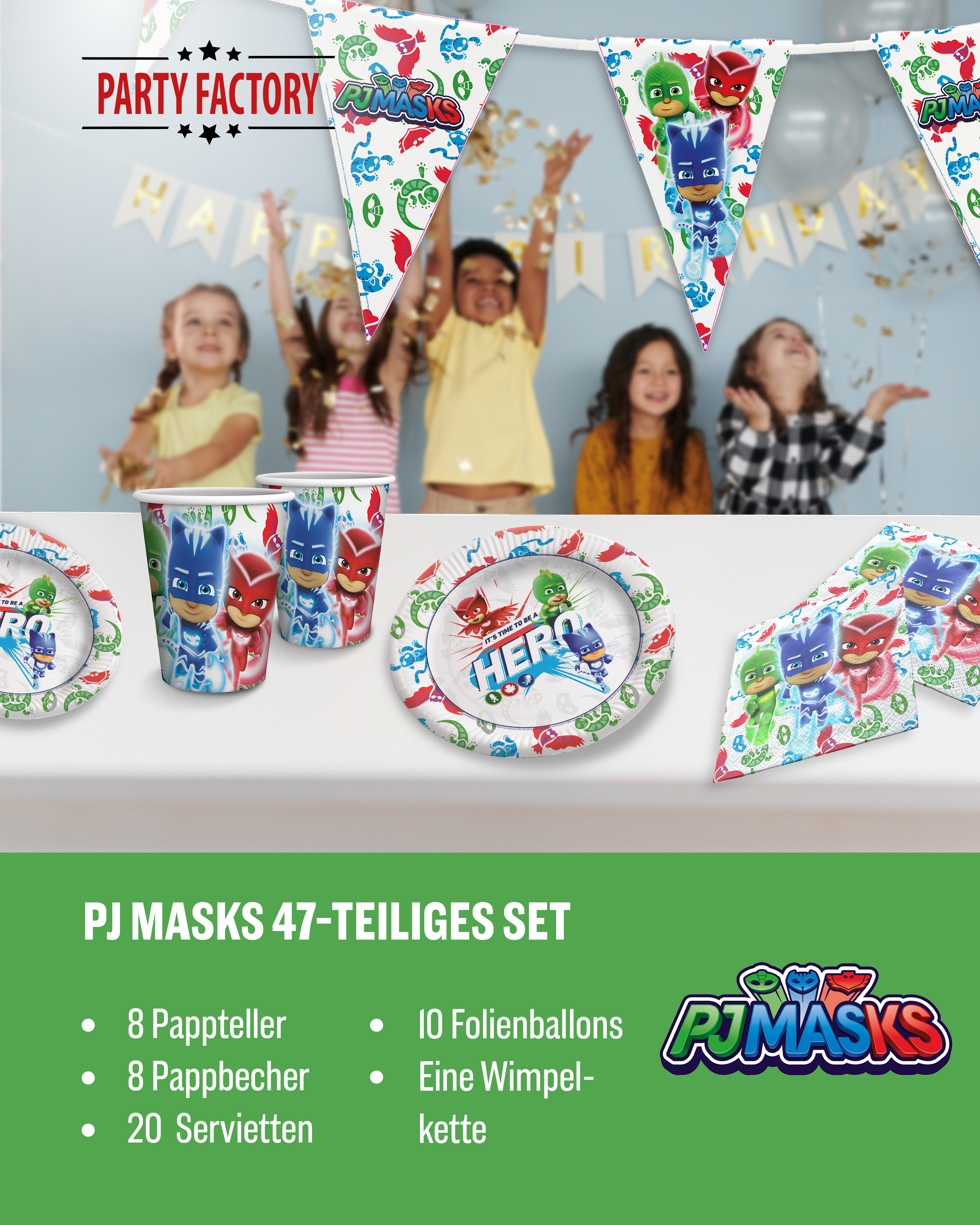 PJ Masks Party Set 47tlg mit Wimpelkette Ballons Tellern Bechern und Servietten 2